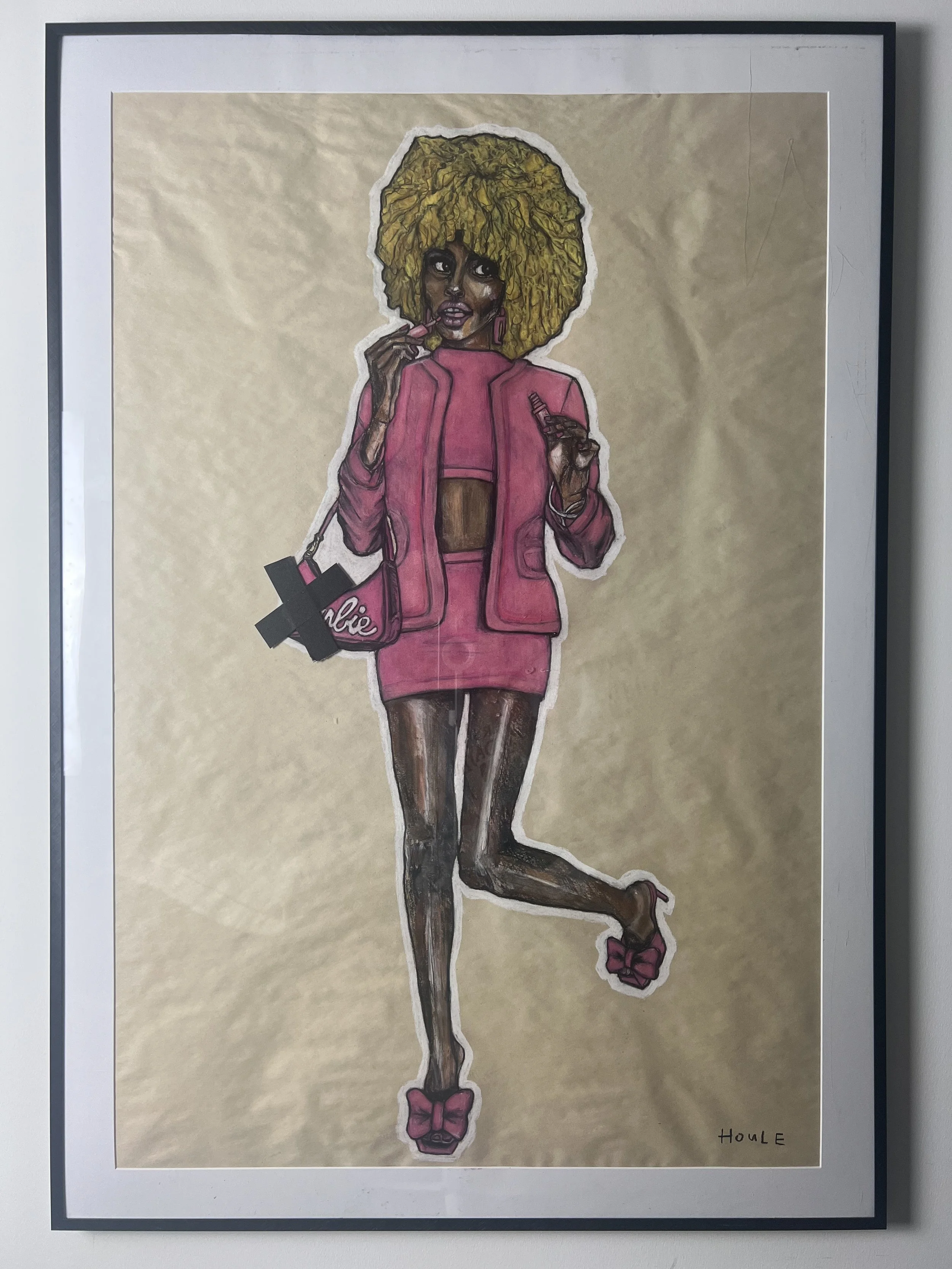 Barbie Girl, 28x40, Charcoal/pastel on newsprint paper, Aluminum poster frame w/ plexiglass (there may be scuffs/scratches from exhibition travel, reframe if ya like). 