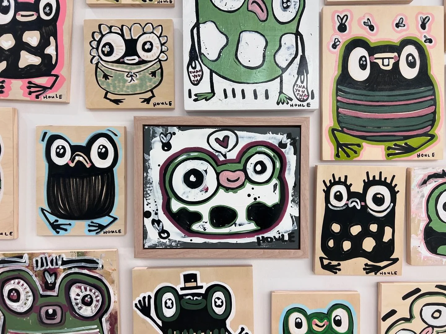 Say hello to my little froggos 🐸 and come see em at Saks until Nov 30! Shop em all: joannhoule.com 🐸
.
Center/featured: 
Cow Frog
15 3/4 x 12 3/4 (framed)
Mixed media on birch board 
$130.00
.
Bob Moss (the exhibit)
Sept 20 - Nov 30
Saks Fifth Aven