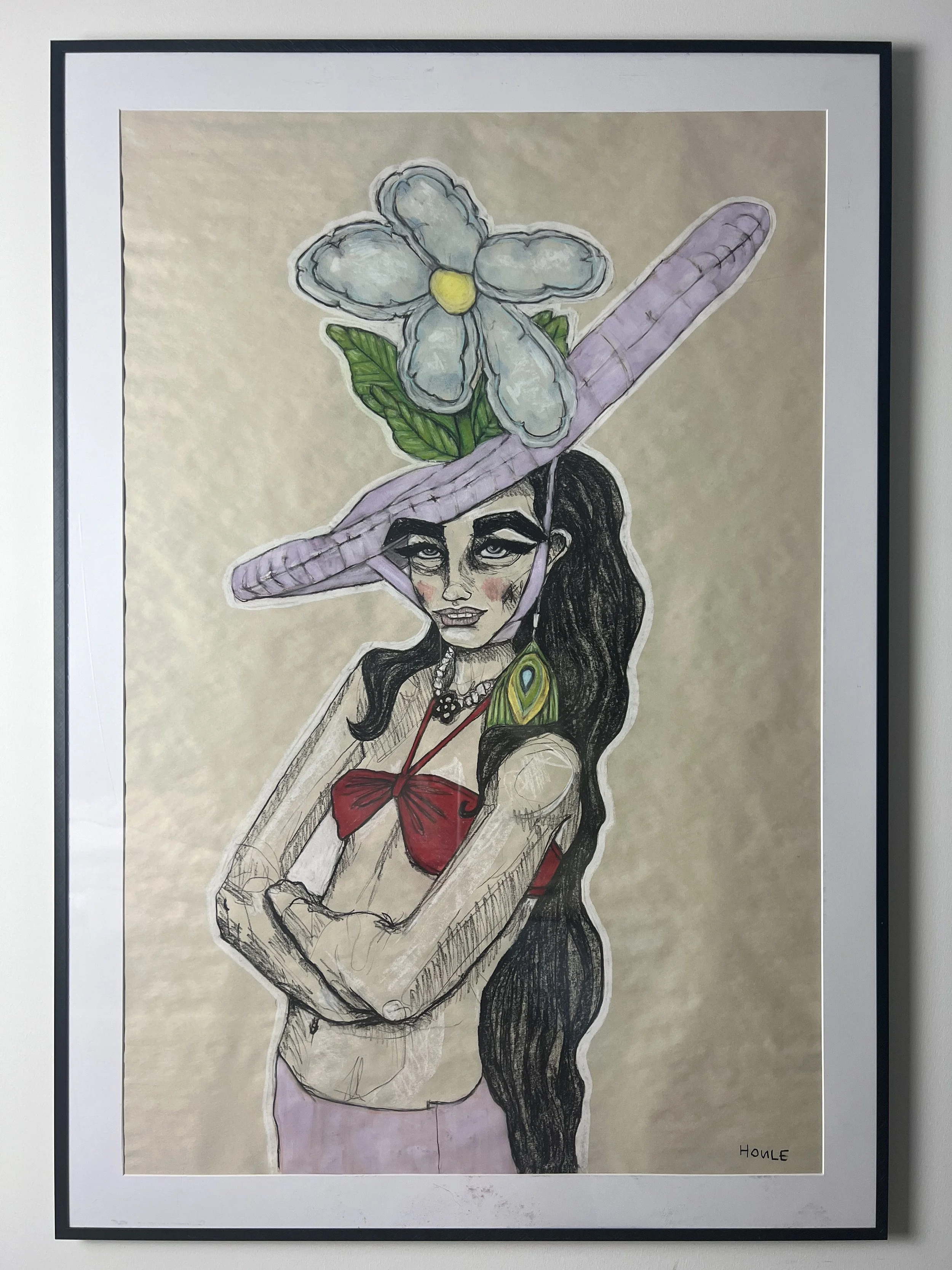 Balloon Hat Girl, 28x40, Charcoal/pastel on newsprint paper, Aluminum poster frame w/ plexiglass (there may be scuffs/scratches from exhibition travel, reframe if ya like).