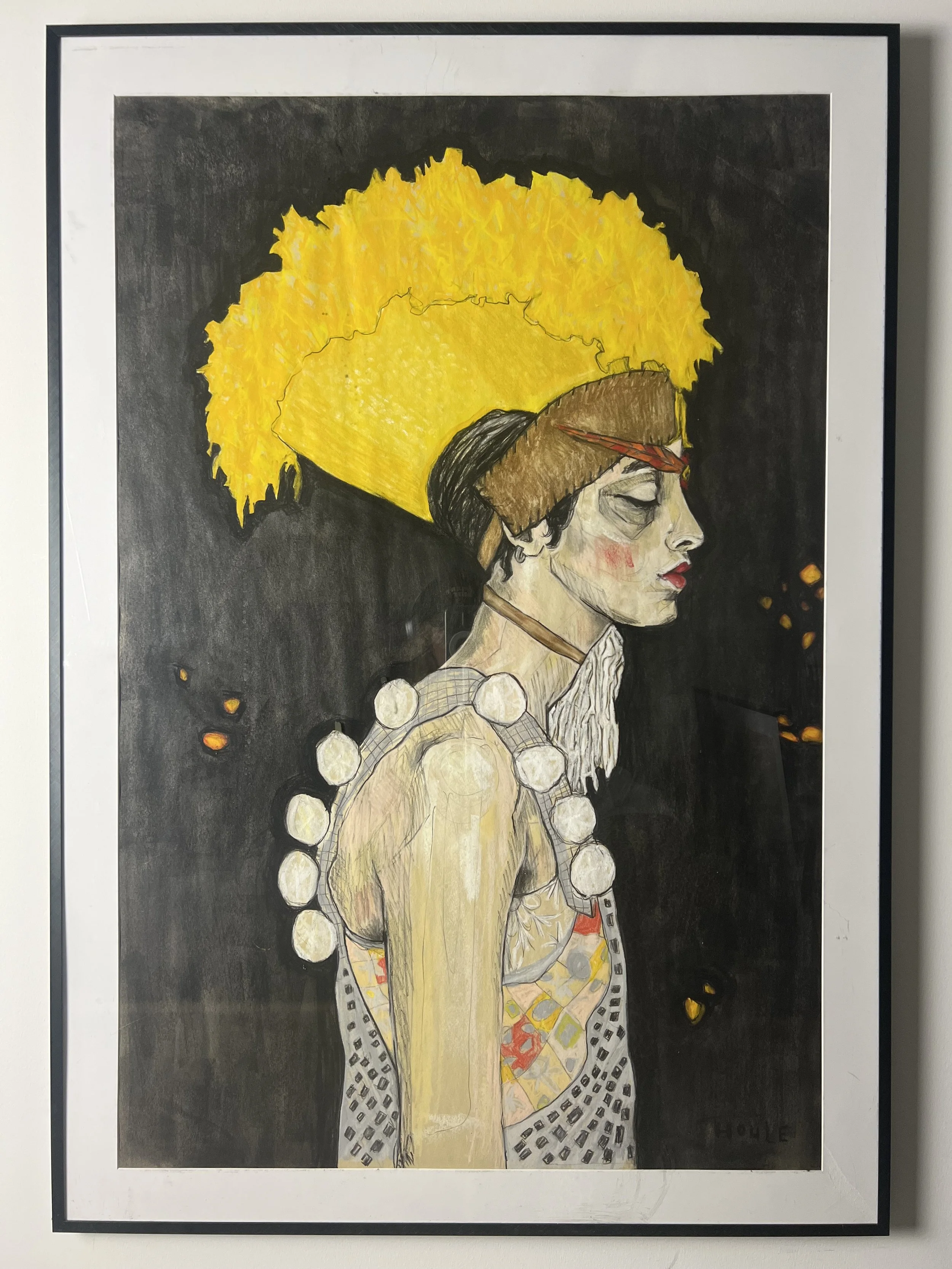 Mellow Yellow, 28x40, Charcoal/pastel on newsprint paper, Aluminum poster frame w/ plexiglass (there may be scuffs/scratches from exhibition travel, reframe if ya like).