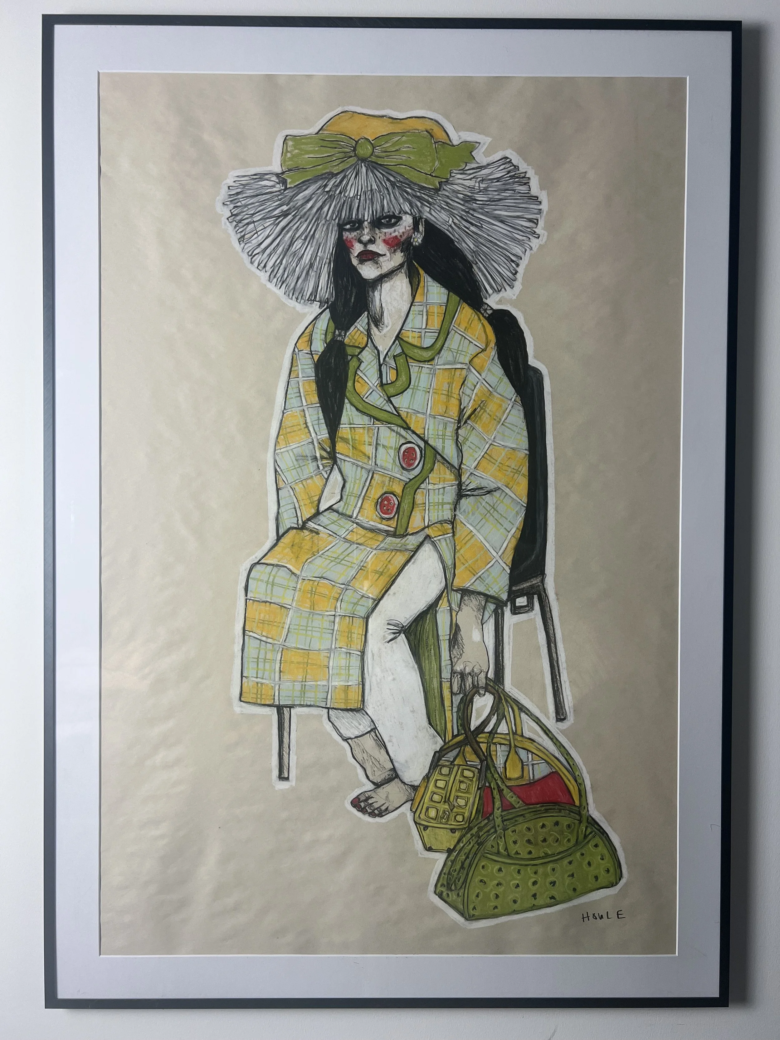Pretty in Plaid, 28x40, Charcoal/pastel on newsprint paper, Aluminum poster frame w/ plexiglass (there may be scuffs/scratches from exhibition travel, reframe if ya like).
