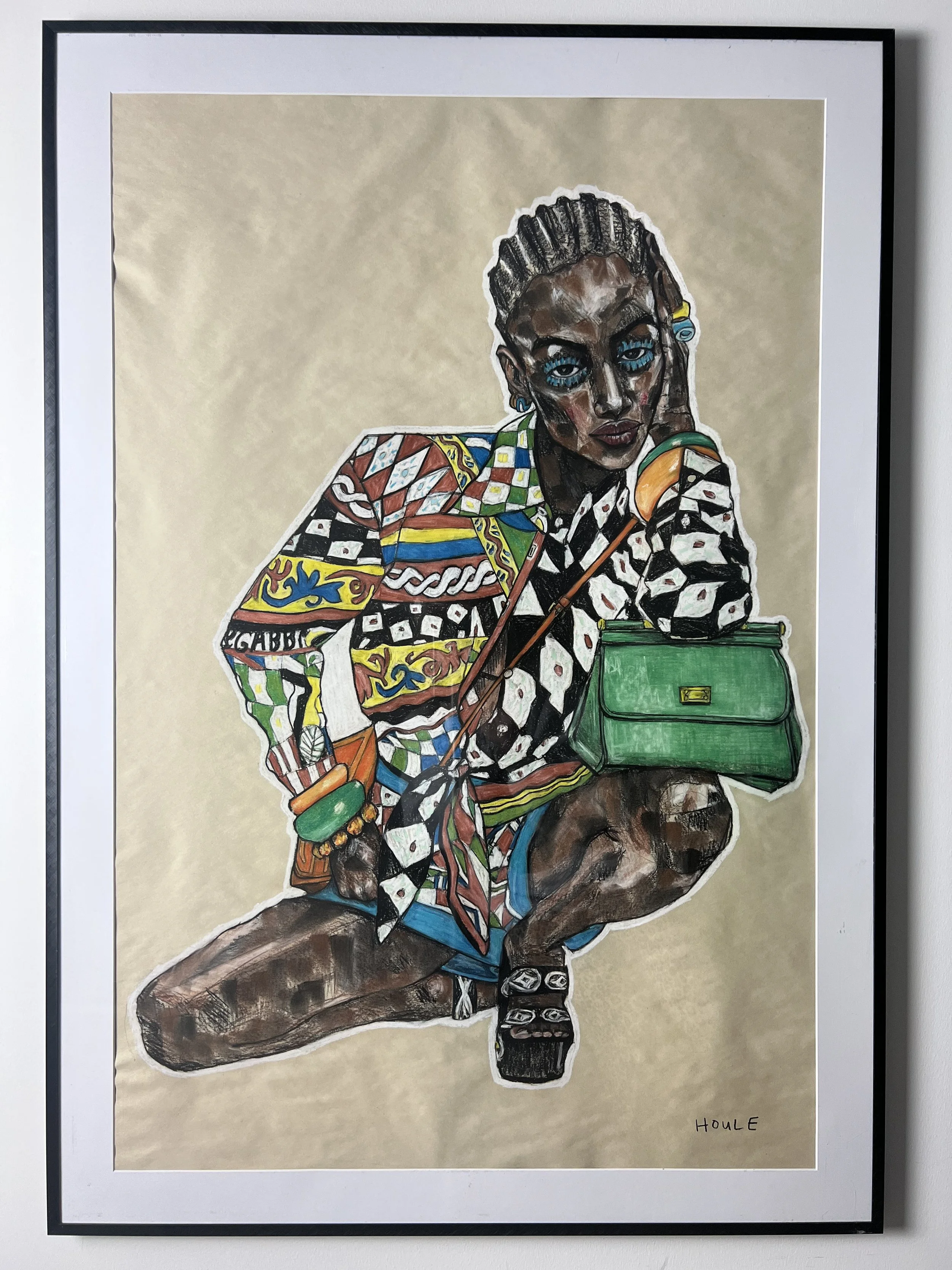 D&G, 28x40, Charcoal/pastel on newsprint paper, Aluminum poster frame w/ plexiglass (there may be scuffs/scratches from exhibition travel, reframe if ya like).