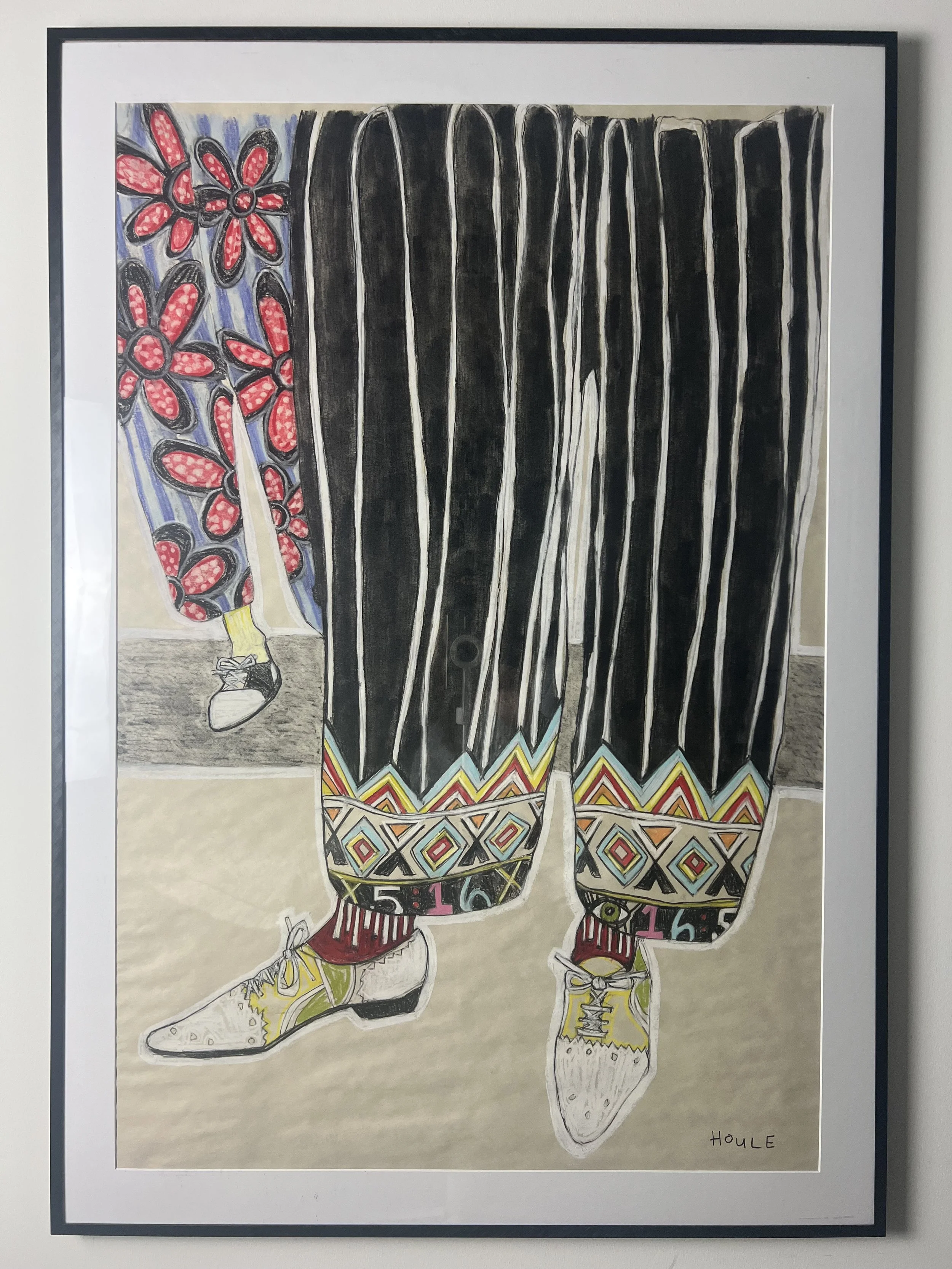 Stripes and Petals, 28x40, Charcoal/pastel on newsprint paper, Aluminum poster frame w/ plexiglass (there may be scuffs/scratches from exhibition travel, reframe if ya like).