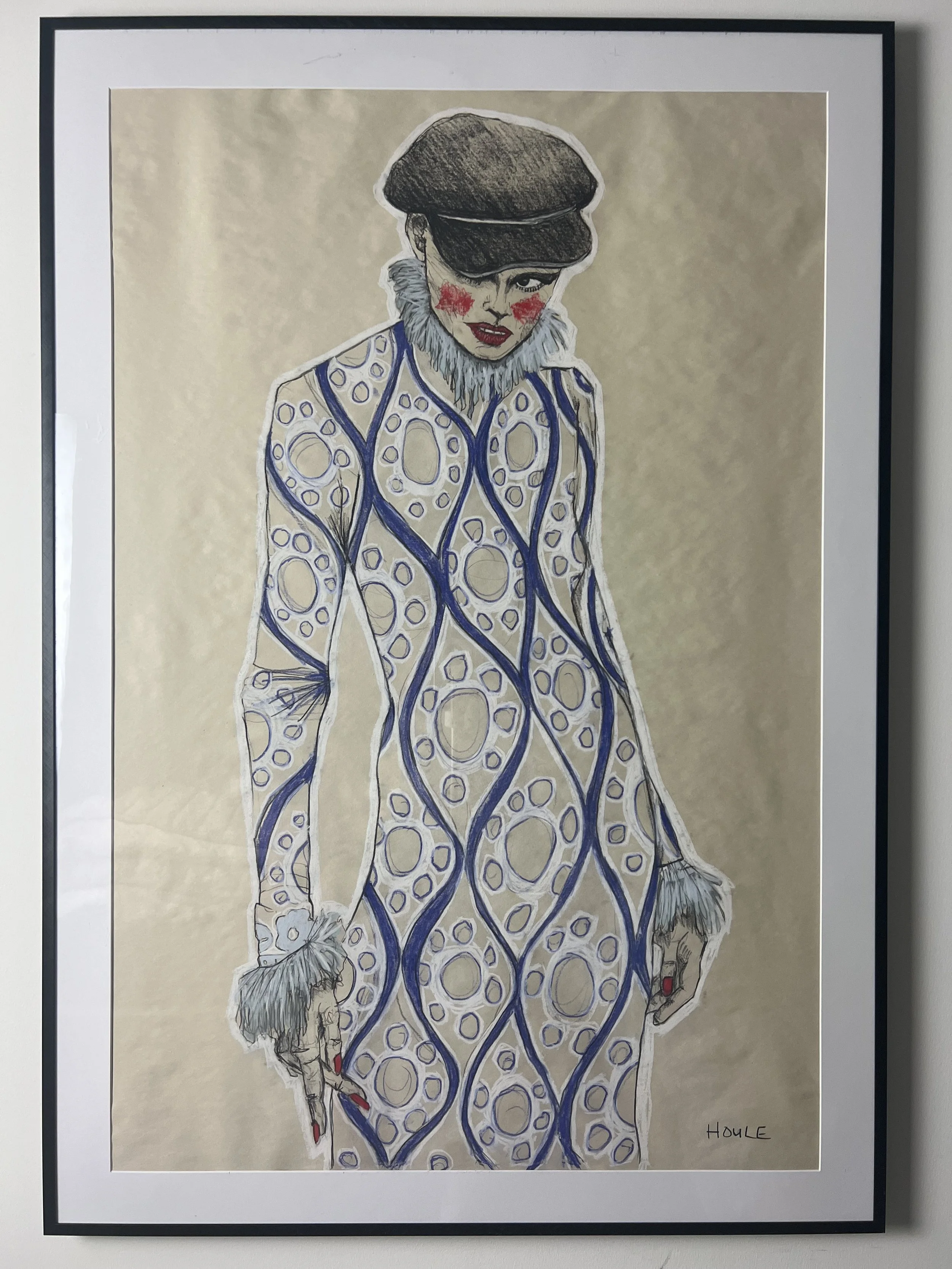 Wavy Blue, 28x40, Charcoal/pastel on newsprint paper, Aluminum poster frame w/ plexiglass (there may be scuffs/scratches from exhibition travel, reframe if ya like).