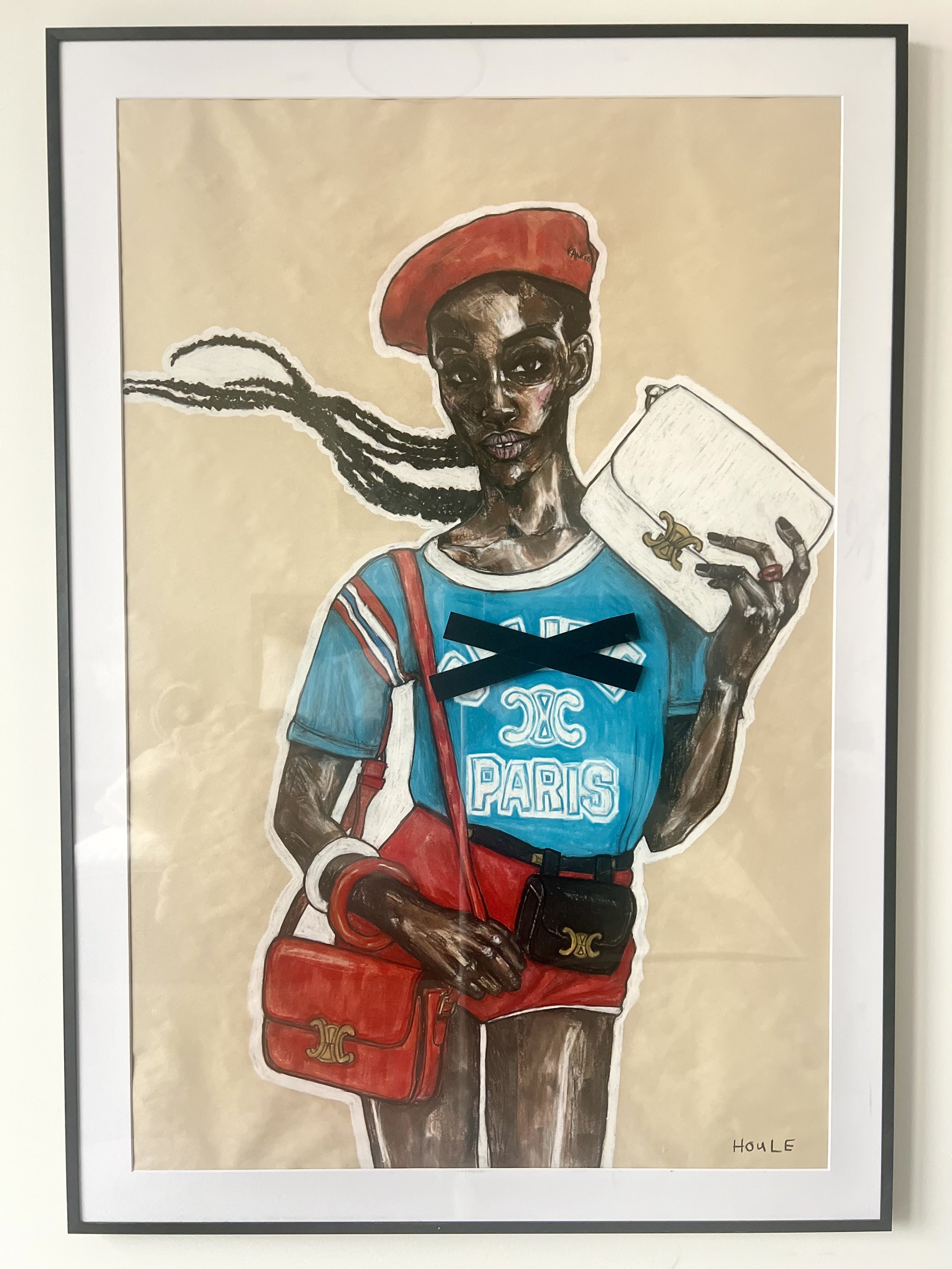 Three Celines, 28x40, Charcoal/pastel on newsprint paper, Aluminum poster frame w/ plexiglass (there may be scuffs/scratches from exhibition travel, reframe if ya like).