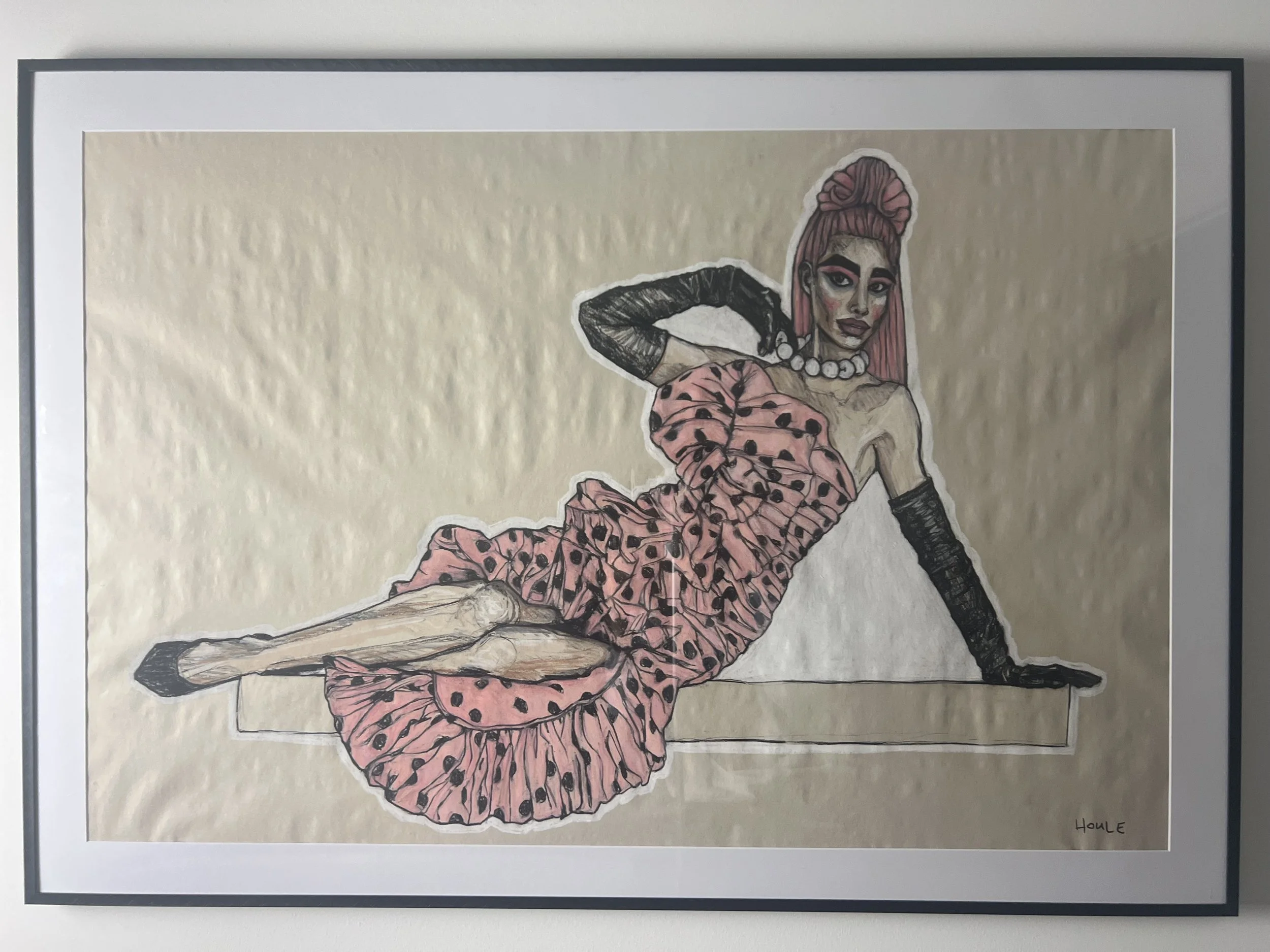 Ooh La La (My Mom named this one :)), 28x40, Charcoal/pastel on newsprint paper, Aluminum poster frame w/ plexiglass (there may be scuffs/scratches from exhibition travel, reframe if ya like).