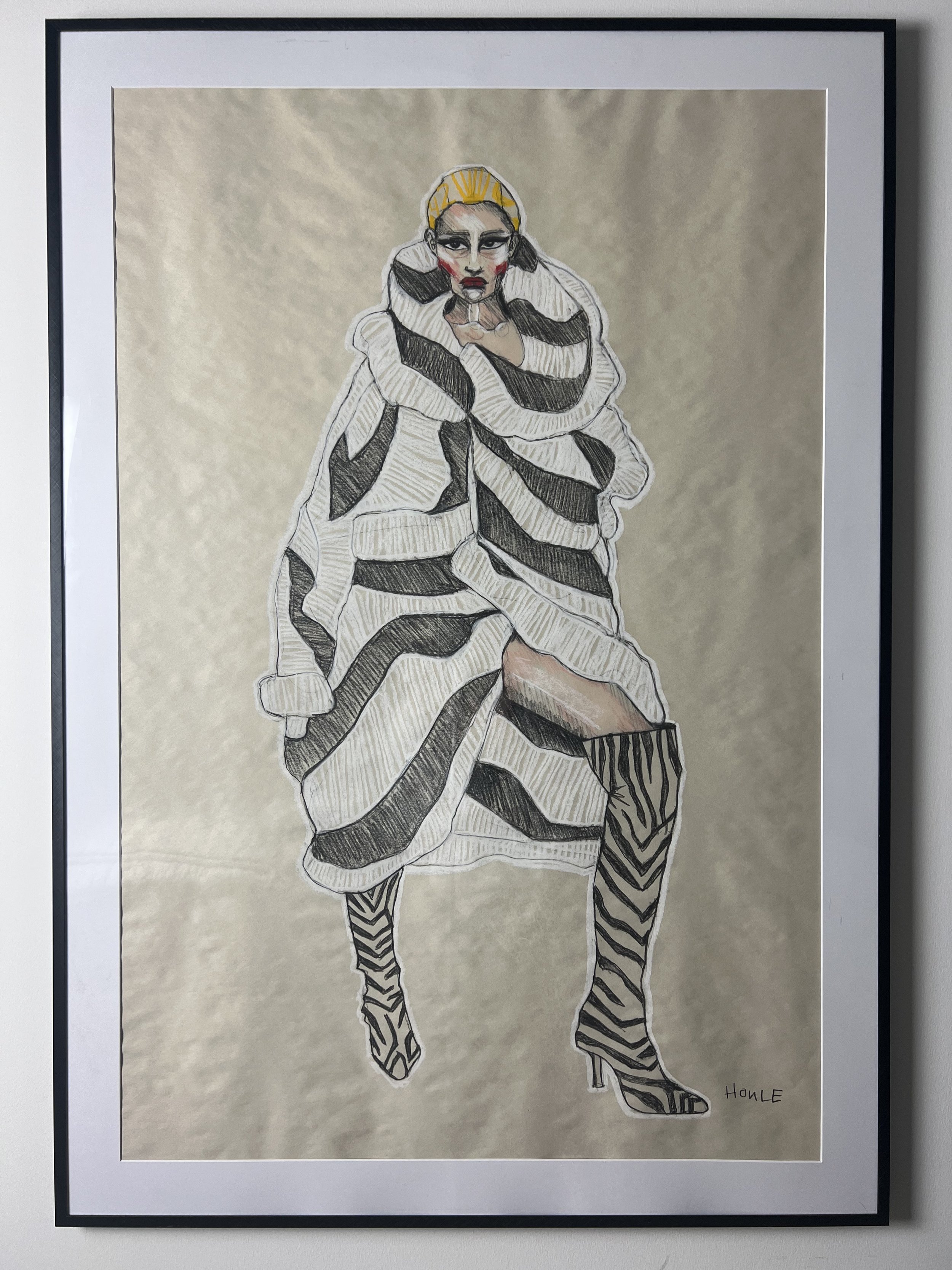 Zebra Cakes, 28x40, Charcoal/pastel on newsprint paper, Aluminum poster frame w/ plexiglass (there may be scuffs/scratches from exhibition travel, reframe if ya like).