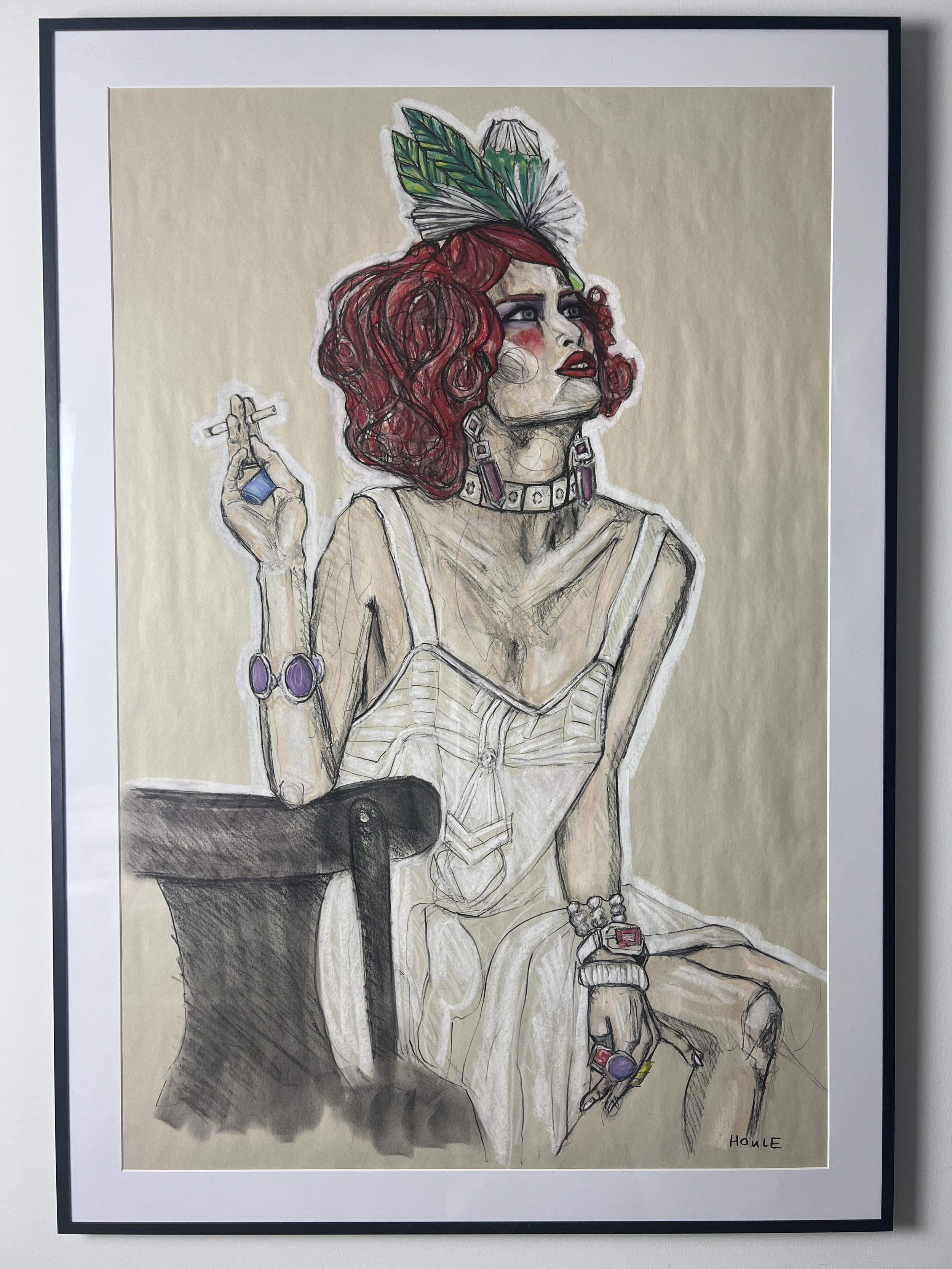 Flapper Girl, 28x40, Charcoal/pastel on newsprint paper, Aluminum poster frame w/ plexiglass (there may be scuffs/scratches from exhibition travel, reframe if ya like).