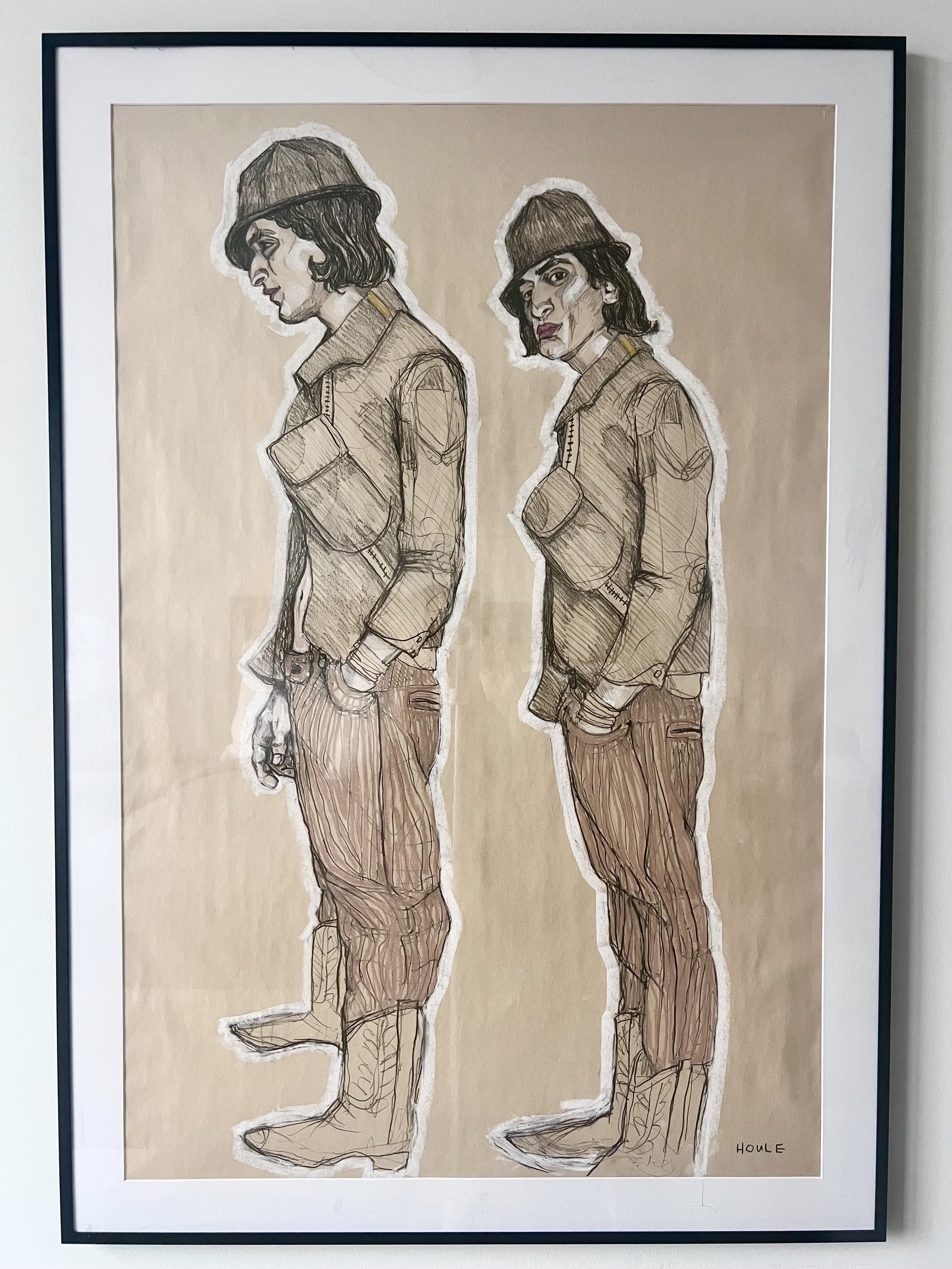 Corduroy Cowboys, 28x40, Charcoal/pastel on newsprint paper, Aluminum poster frame w/ plexiglass (there may be scuffs/scratches from exhibition travel, reframe if ya like).