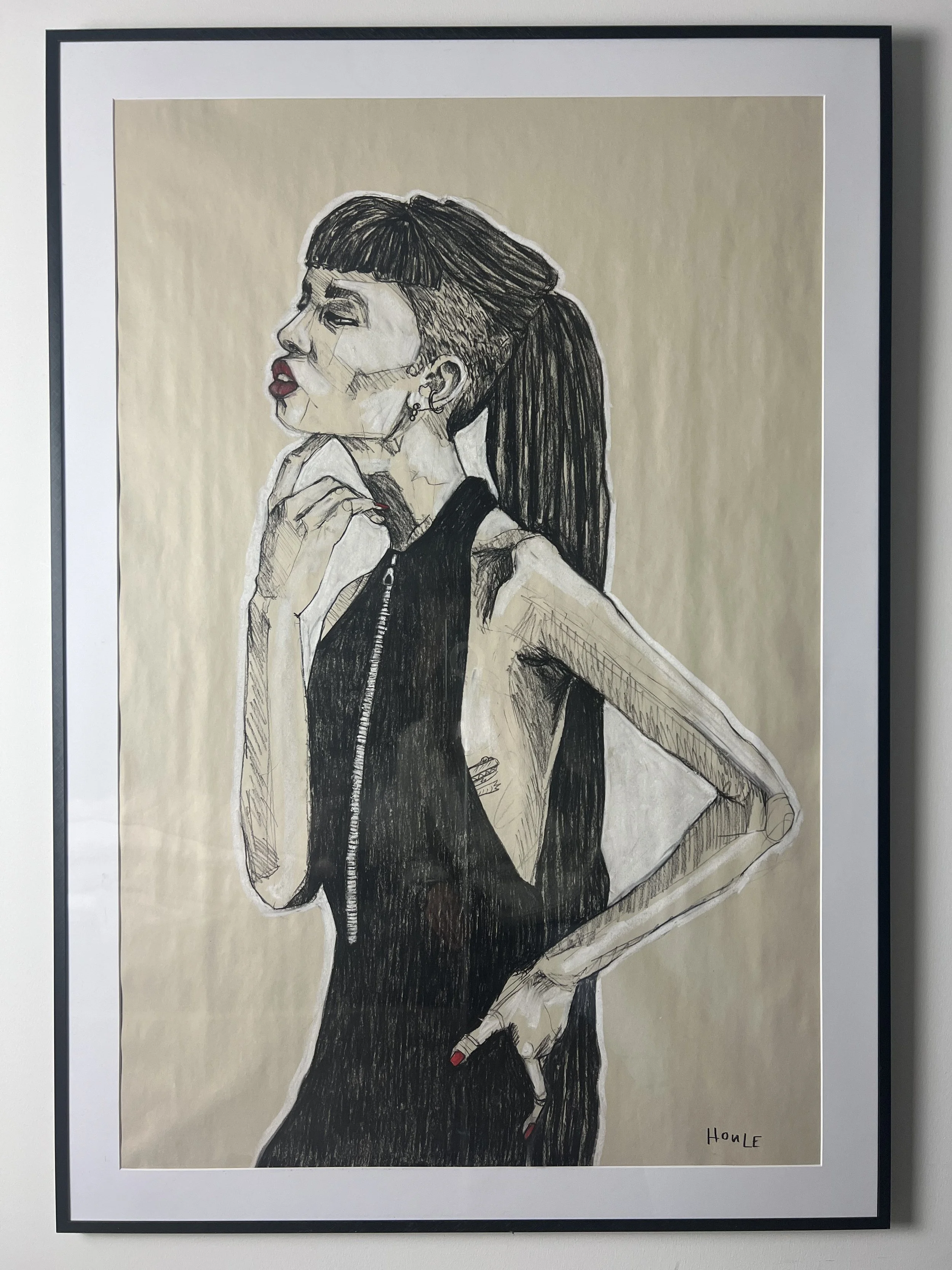 See Ya Later, 28x40, Charcoal/pastel on newsprint paper, Aluminum poster frame w/ plexiglass (there may be scuffs/scratches from exhibition travel, reframe if ya like).