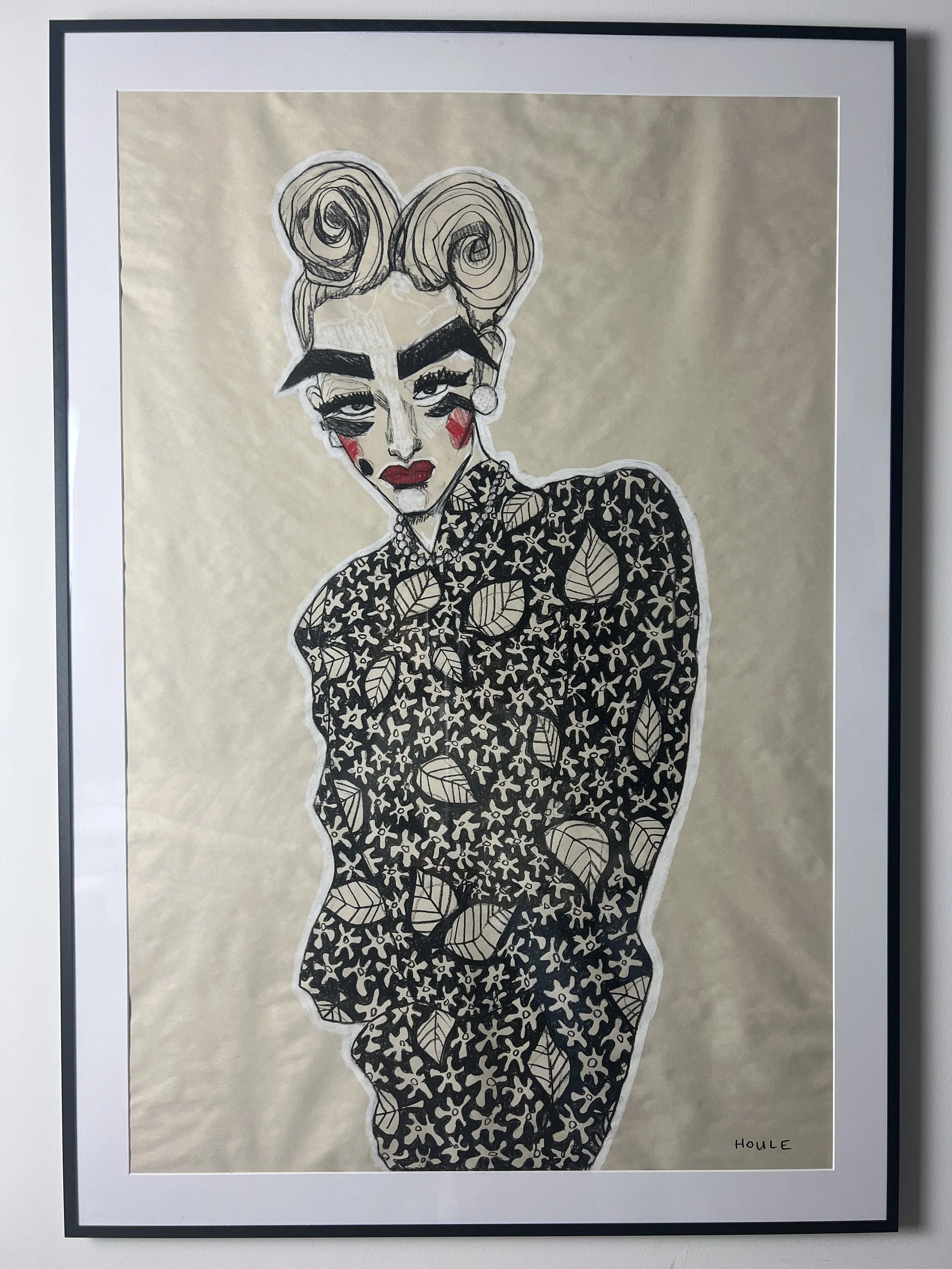 Cinnabuns, 28x40, Charcoal/pastel on newsprint paper, Aluminum poster frame w/ plexiglass (there may be scuffs/scratches from exhibition travel, reframe if ya like).