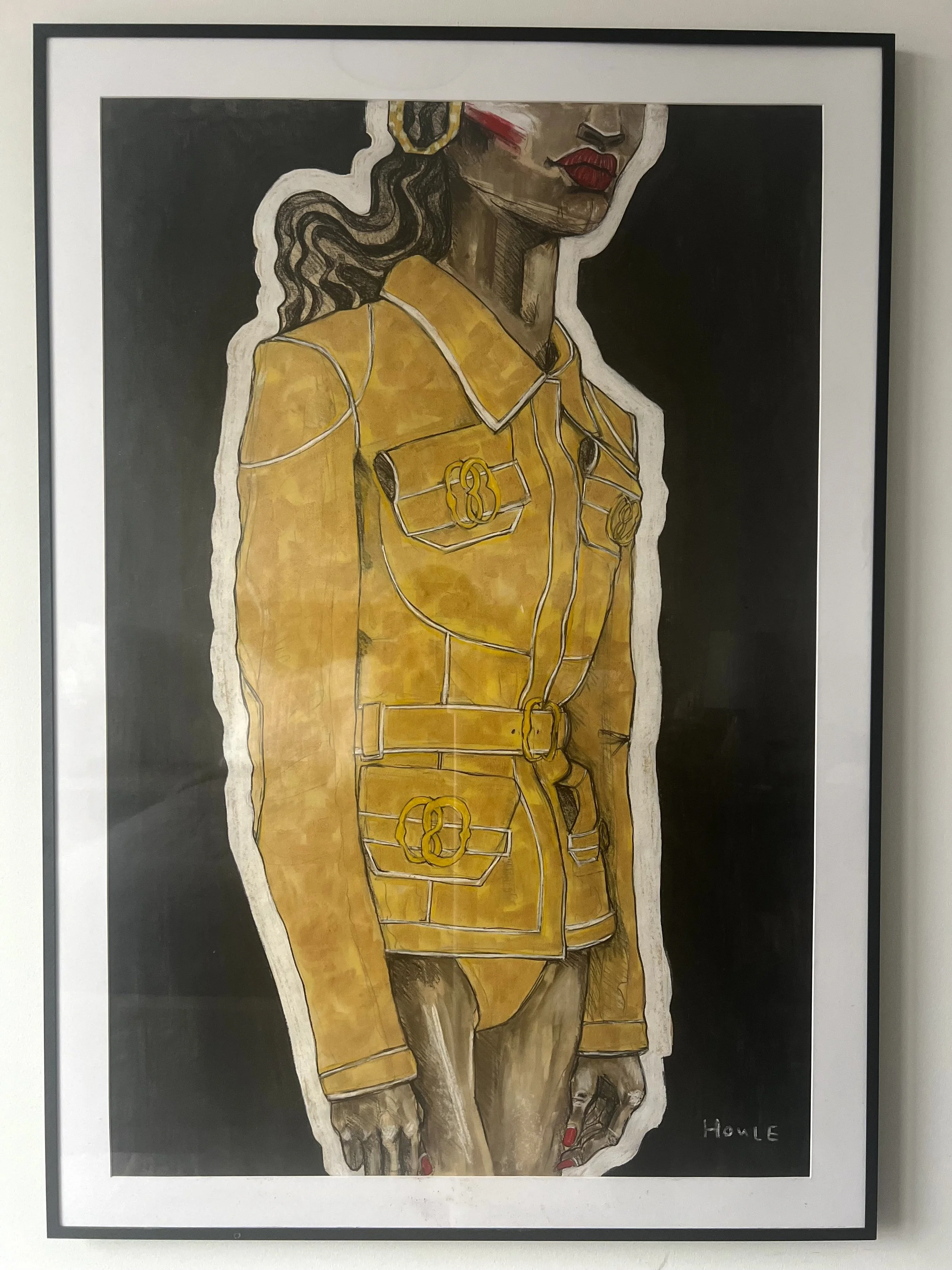 Golden Girl, 28x40, Charcoal/pastel on newsprint paper, Aluminum poster frame w/ plexiglass (there may be scuffs/scratches from exhibition travel, reframe if ya like).