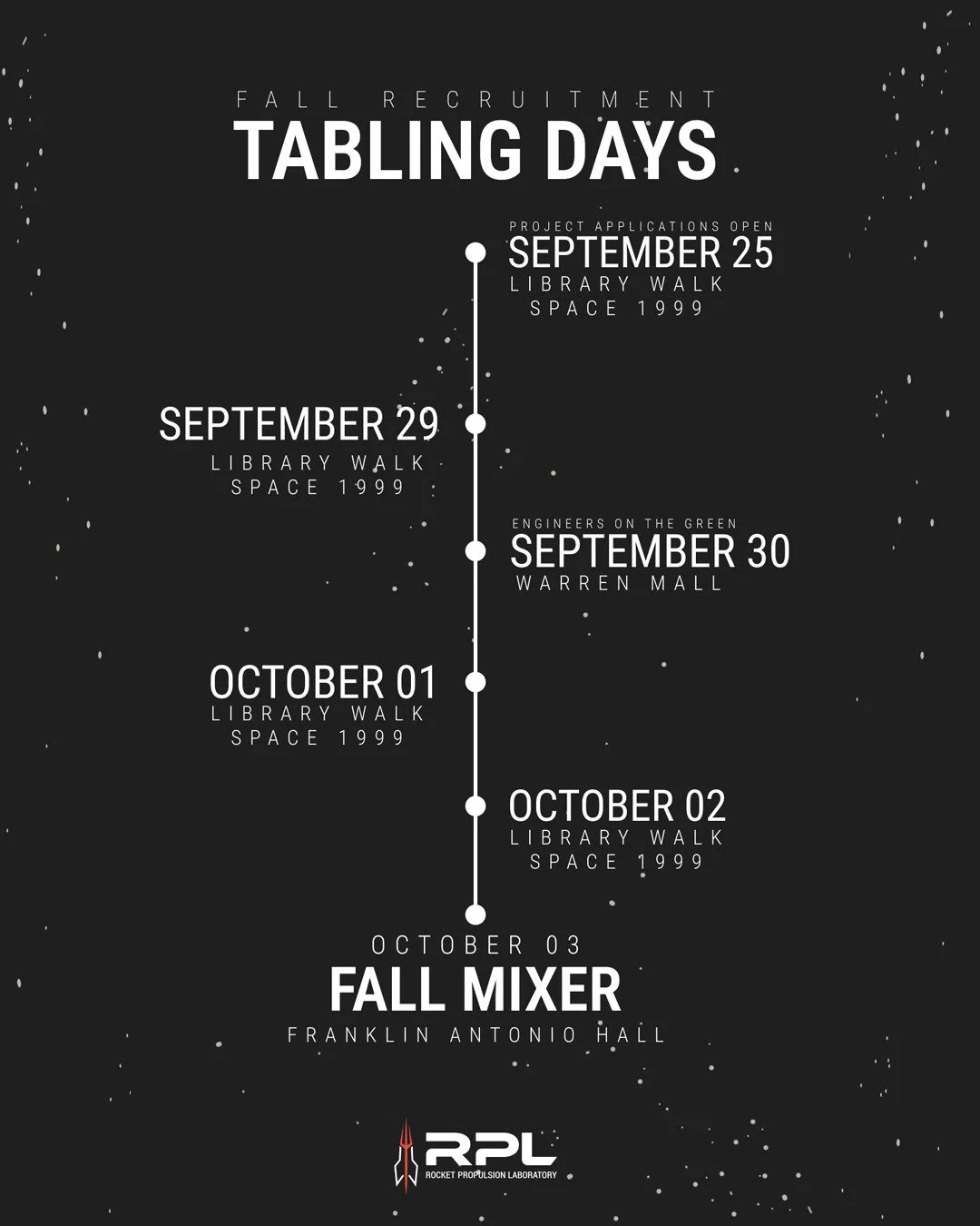 Save the dates! 📝

Here are important information and dates regarding our upcoming application and timeline events.

Tabling Days:
Thursday, September 25th - Library Walk
Monday, September 29th - Library Walk
Tuesday, September 30th - Warren Mall, E