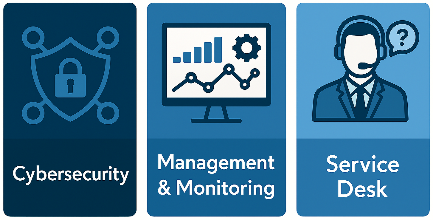 Cybersecurity, Management & Monitoring, and Service Deck icons