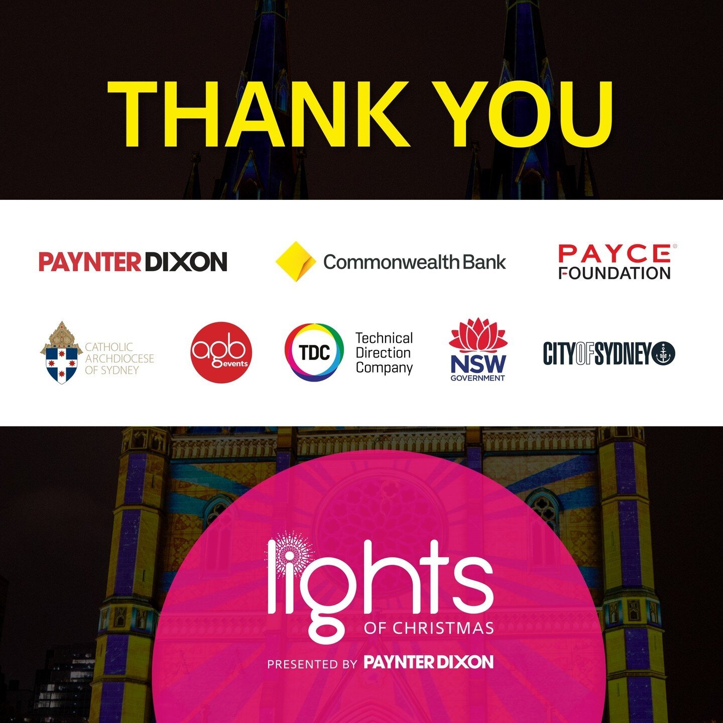 An appreciation post on Christmas Eve to acknowledge the amazing supporters of Lights of Christmas! 
Thankyou @paynterdixon @commbank @payce_australia @cityofsydney @technicaldirectioncompany @sydarchdiocese for your commitment to this important Chri