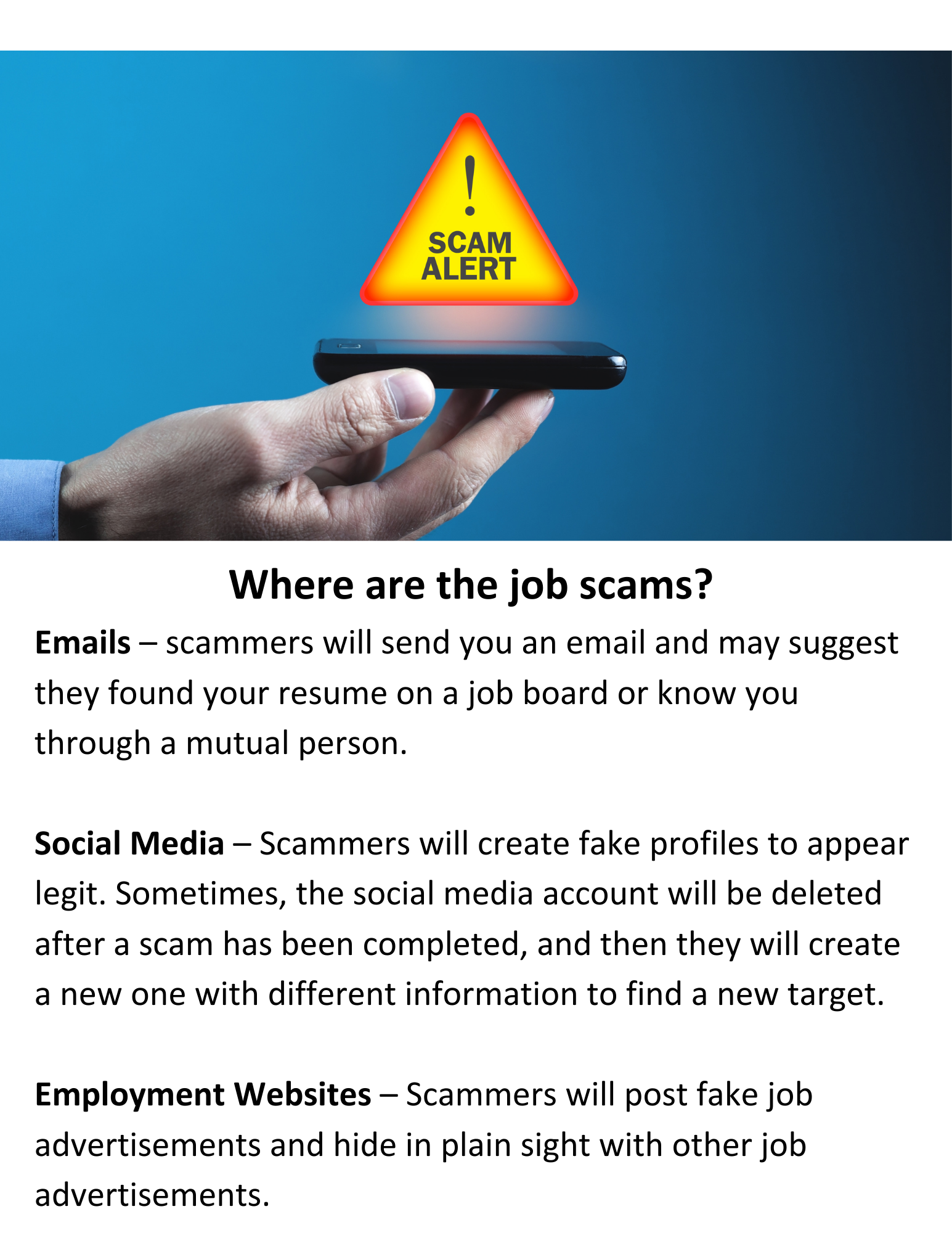 A hand holding a smartphone with a glowing red and yellow warning sign that reads 'SCAM ALERT' against a blue background.