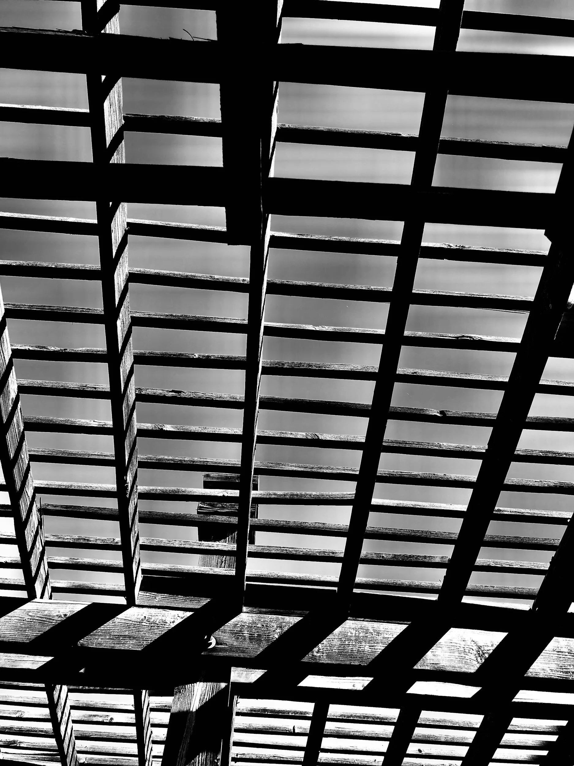 Close-up of a wooden pergola or lattice structure with shadows cast across its beams, black and white photograph.