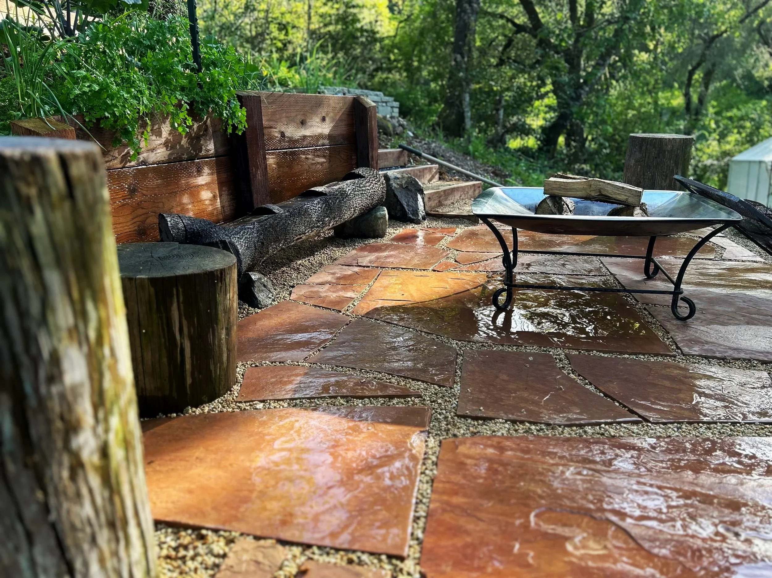 A wet stone patio with a glass fire pit containing wood logs, surrounded by a wooded garden with lush green trees and plants.