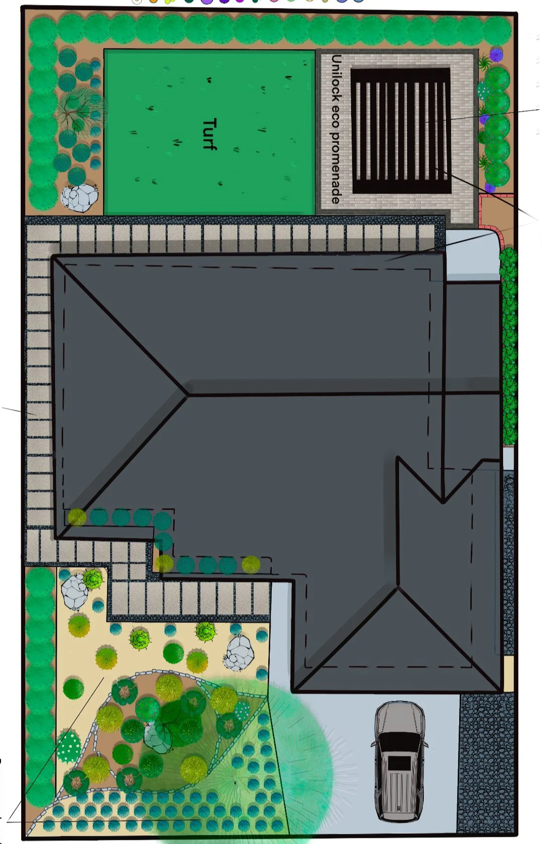 A detailed landscape plan of a backyard showing a house, a garage, a driveway, garden beds, trees, shrubs, a turf area, a unilogic eco permeable paved area, and a landscaped garden with rocks, plants, and a tree.