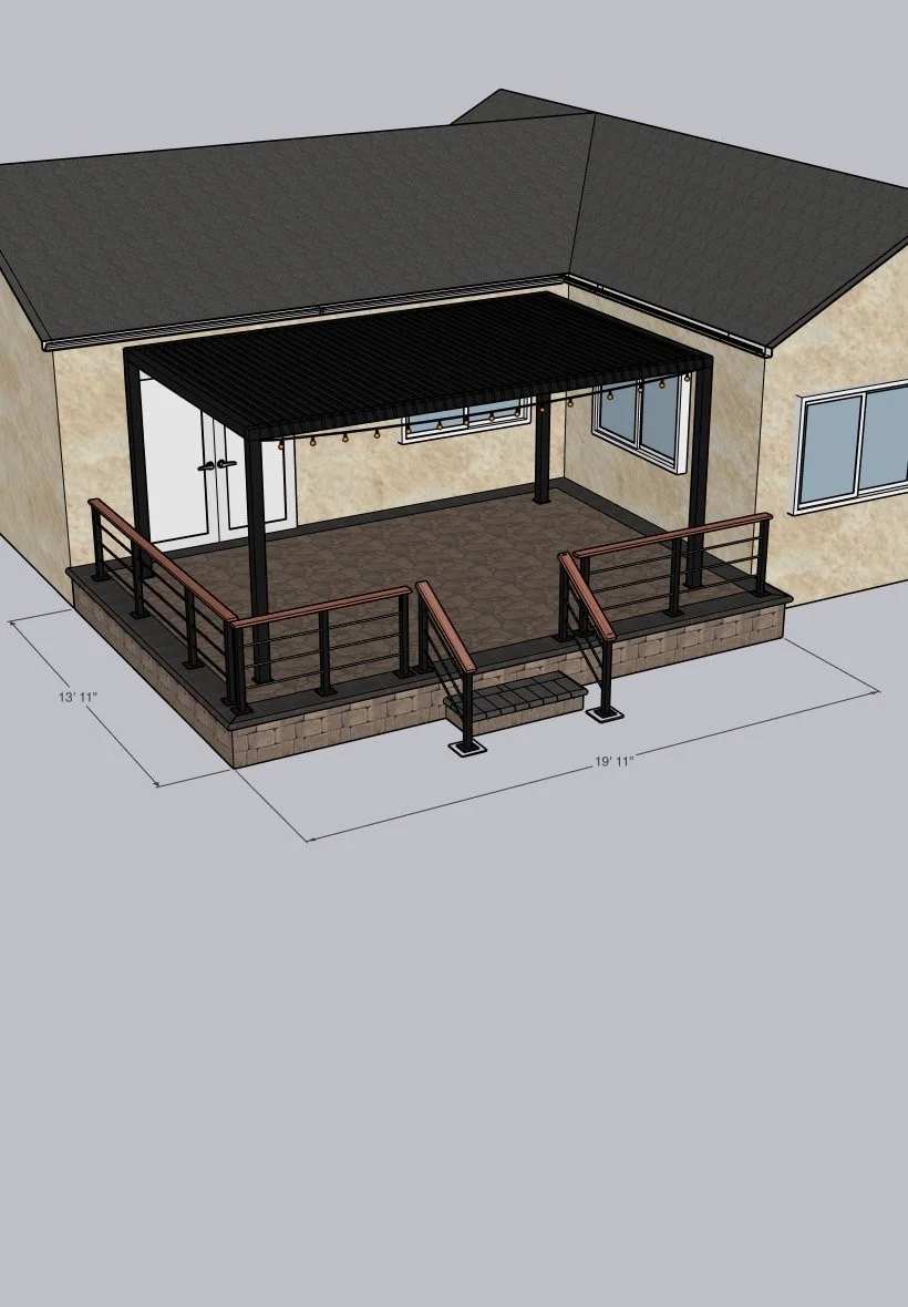3D rendering of a house with a front porch, featuring a black pergola, wooden railing, stone steps, and a paved patio area with measurements.