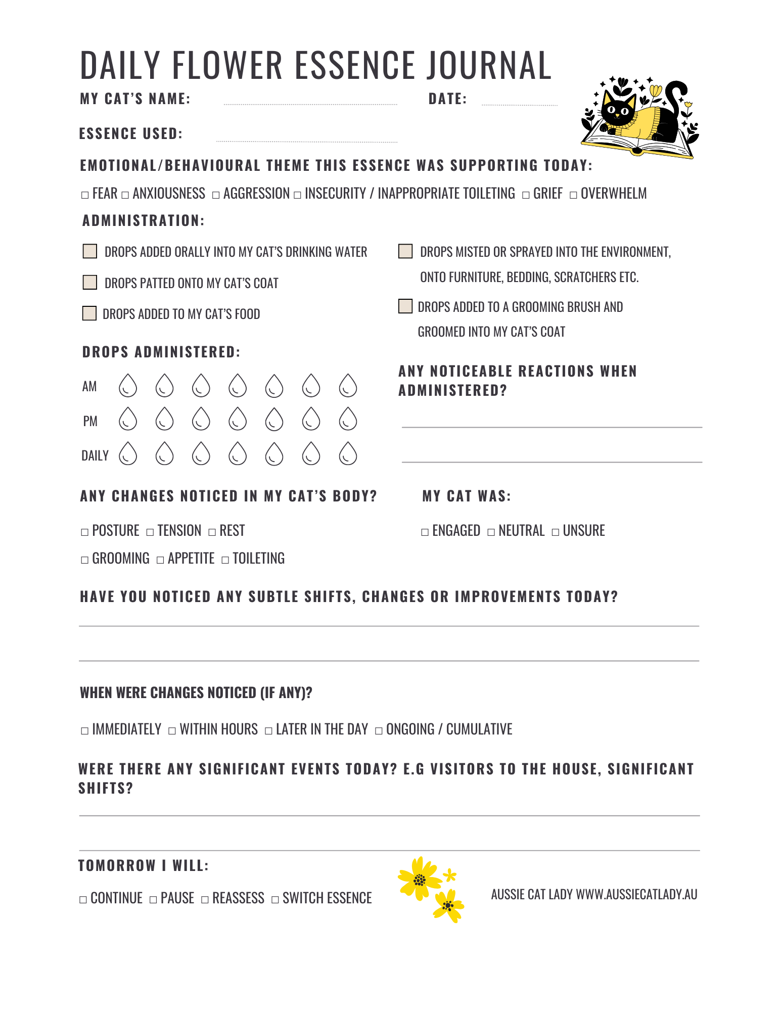 Flower essence Daily Journal Page