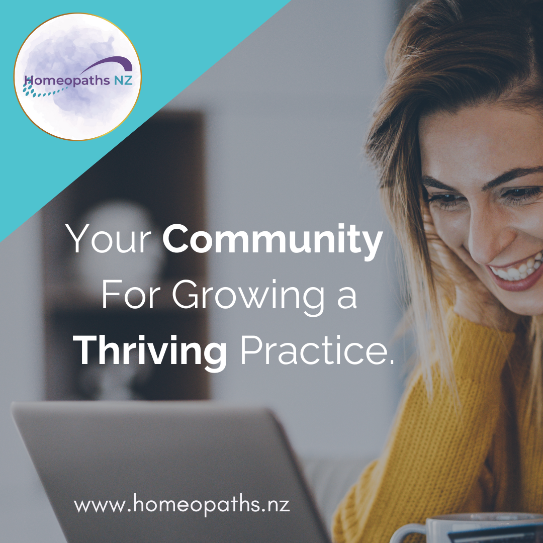 A woman smiling while using a laptop, with text "Your Community For Growing a Thriving Practice" and the website "www.homeopaths.nz". Logo for Homeopaths NZ in the top left corner.