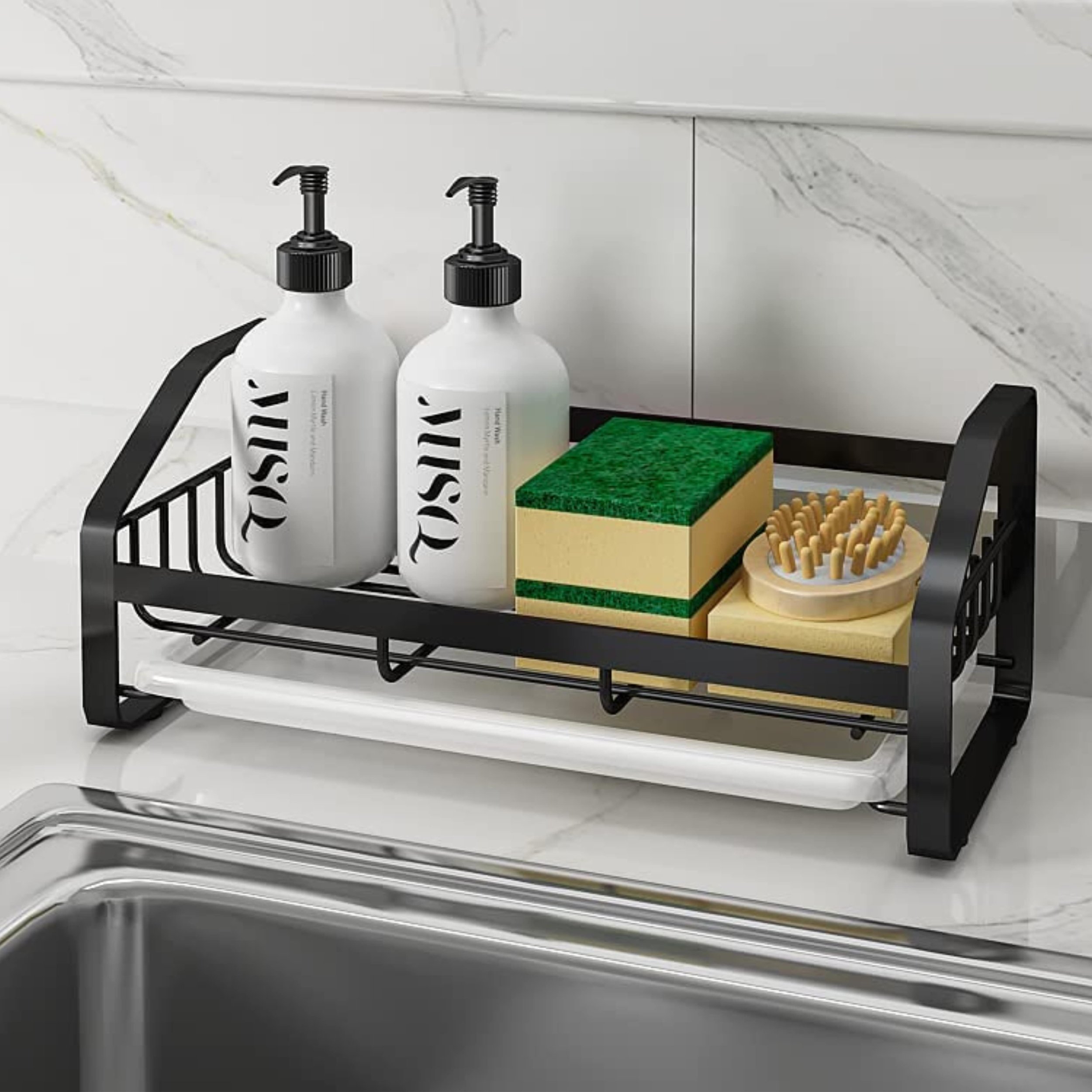 Black Wire Kitchen Sink Soap Holder with White Ceramic Drip Tray-min.jpg