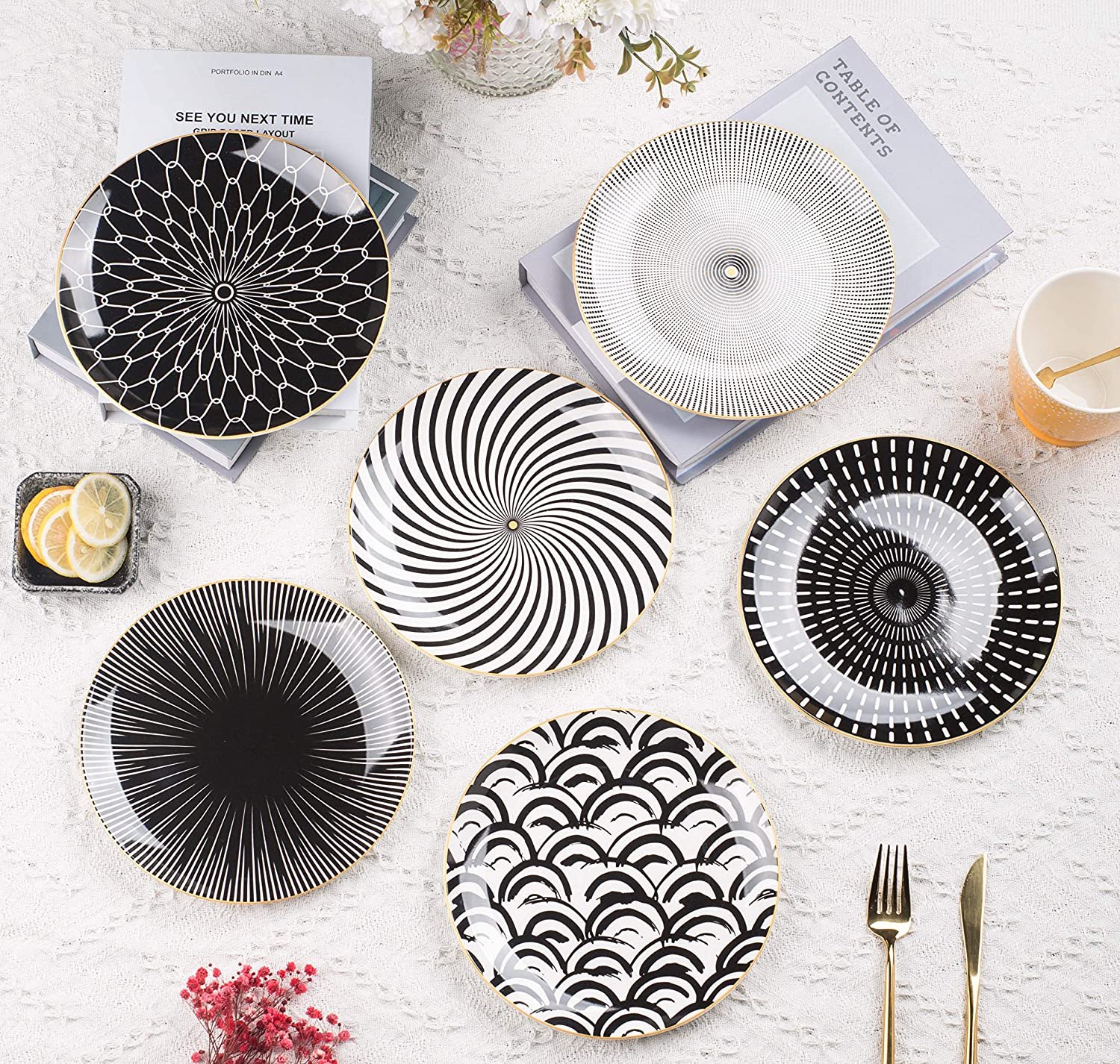 Mix and Match Black and White Dinner Plates with Gold Rim.jpg