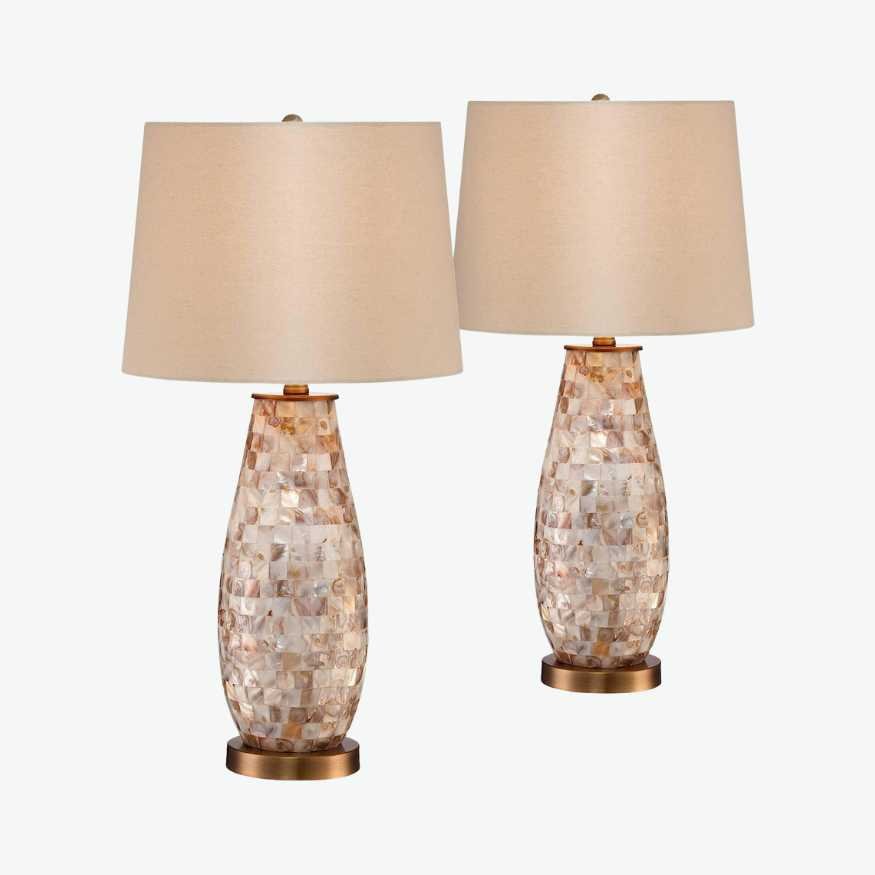 Mother of Pearl Lamp Gold Base Cream Shade, Set of Two.jpg