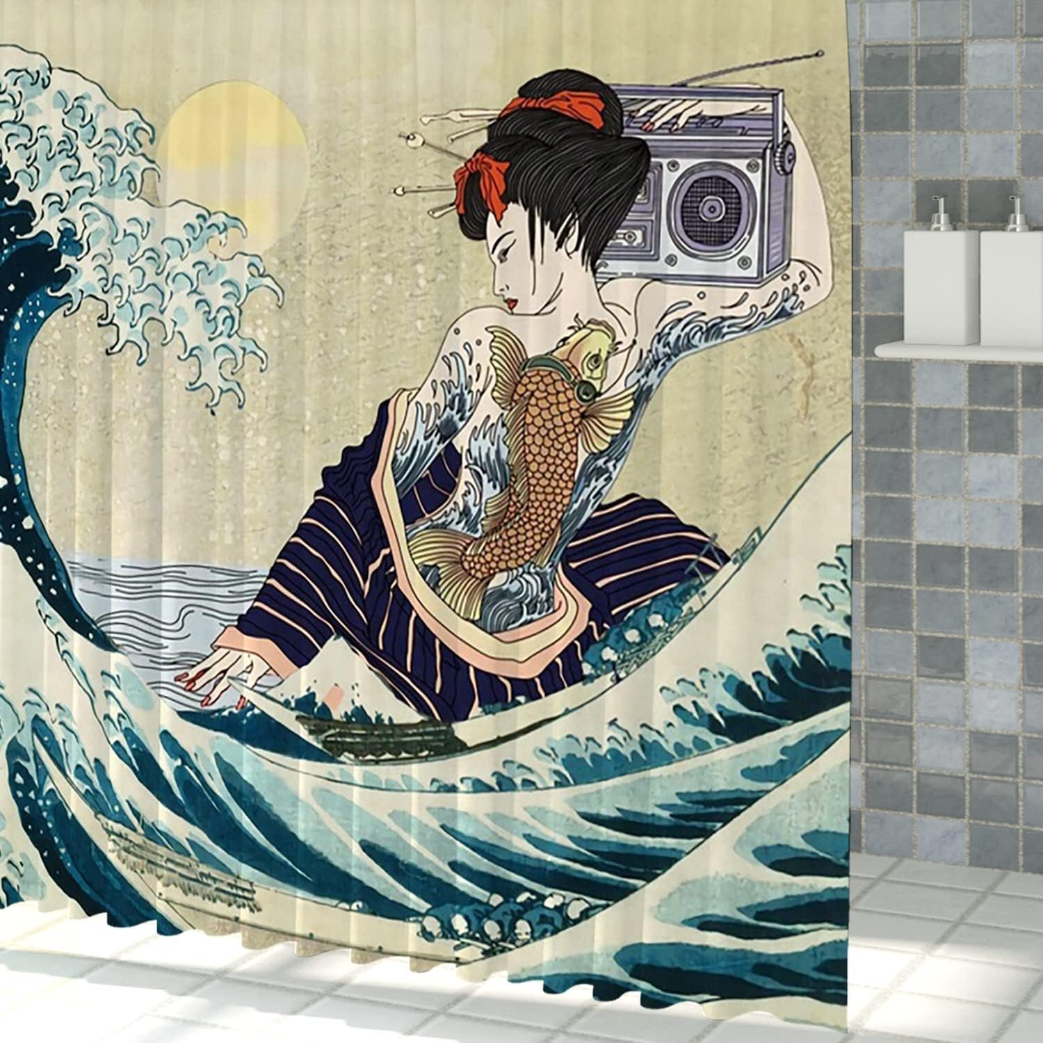 vintage ocean wave boom box woman with back tattoo shower curtain.jpg