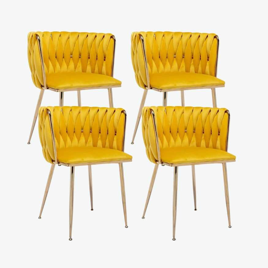 Yellow Retro Weave Dining Chairs Gold Legs, Set of 4.jpg