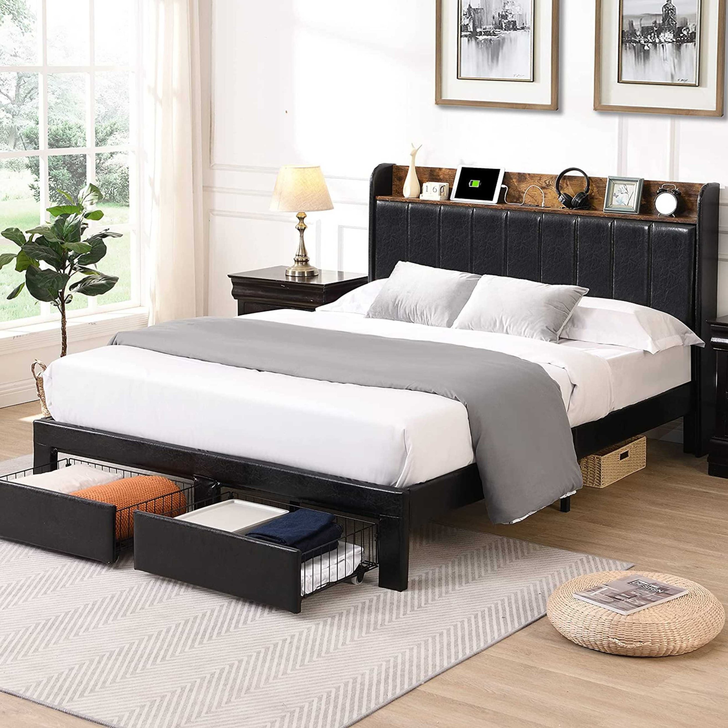 Faux Leather Black Platform Bed with Drawers and Shelving.jpg
