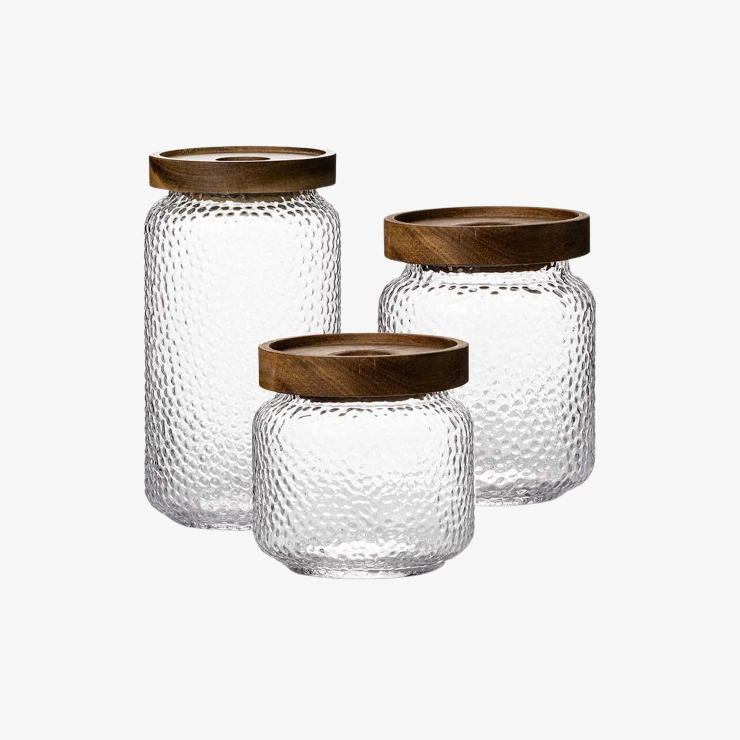 Hammered Glass Jars with Wood Lids Set of 3 Assorted Sizes.jpg
