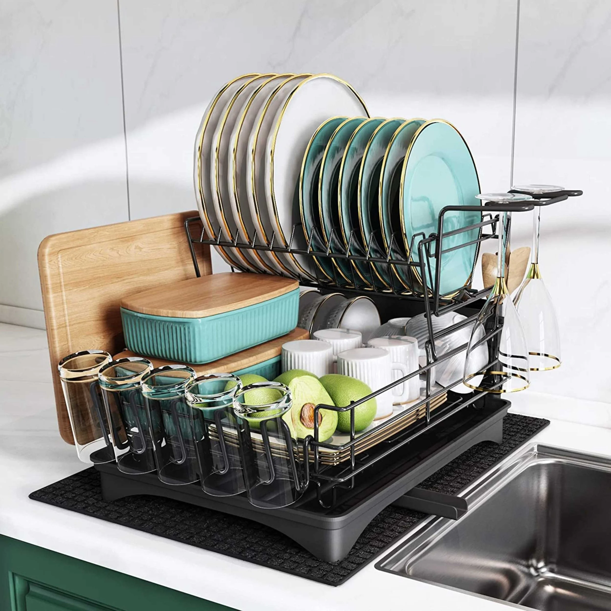 Large Capacity Dish Drying Rack with Rubber Mat.jpg