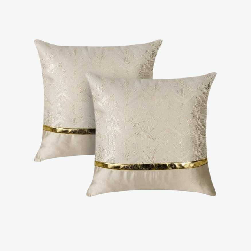 Beige Zig Zag Shimmer Square Throw Pillows with Gold Strip.jpg