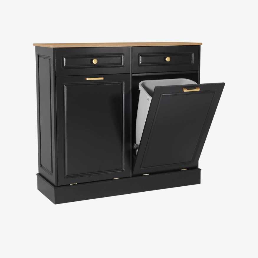 Black Bar Cabinet with Gold Knobs Wood Top and Trash Can Pull Out.jpg
