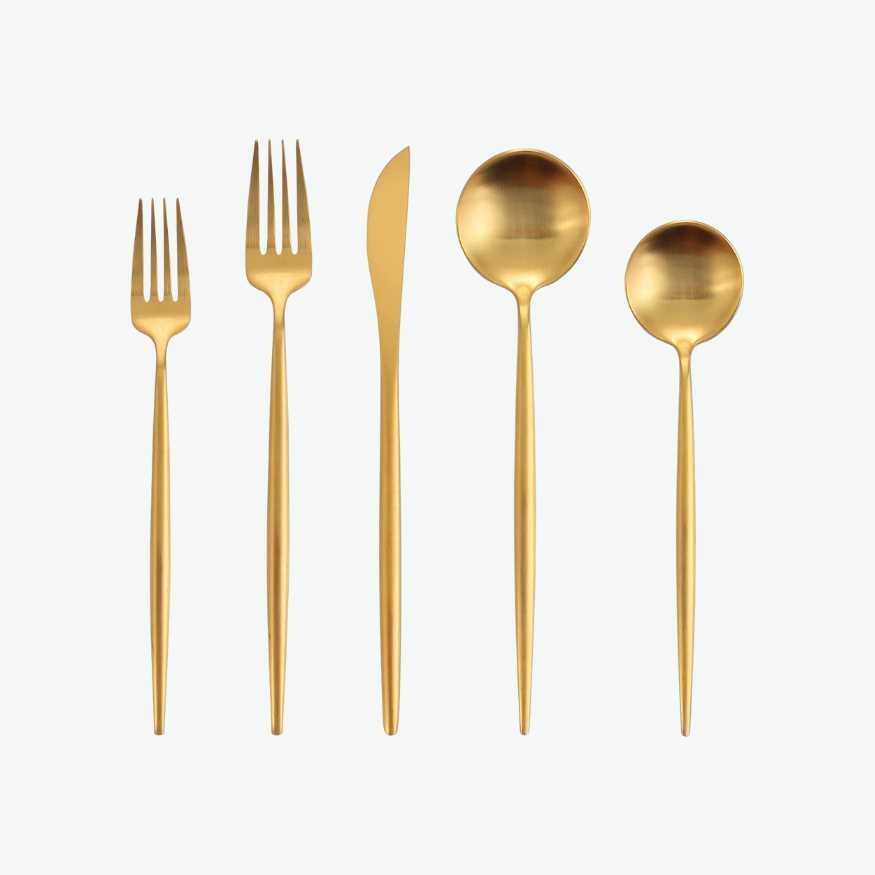 Gold Dinnerware Set with Rounded Spoons and Asymmetrical Skinny Knife and Forks .jpg