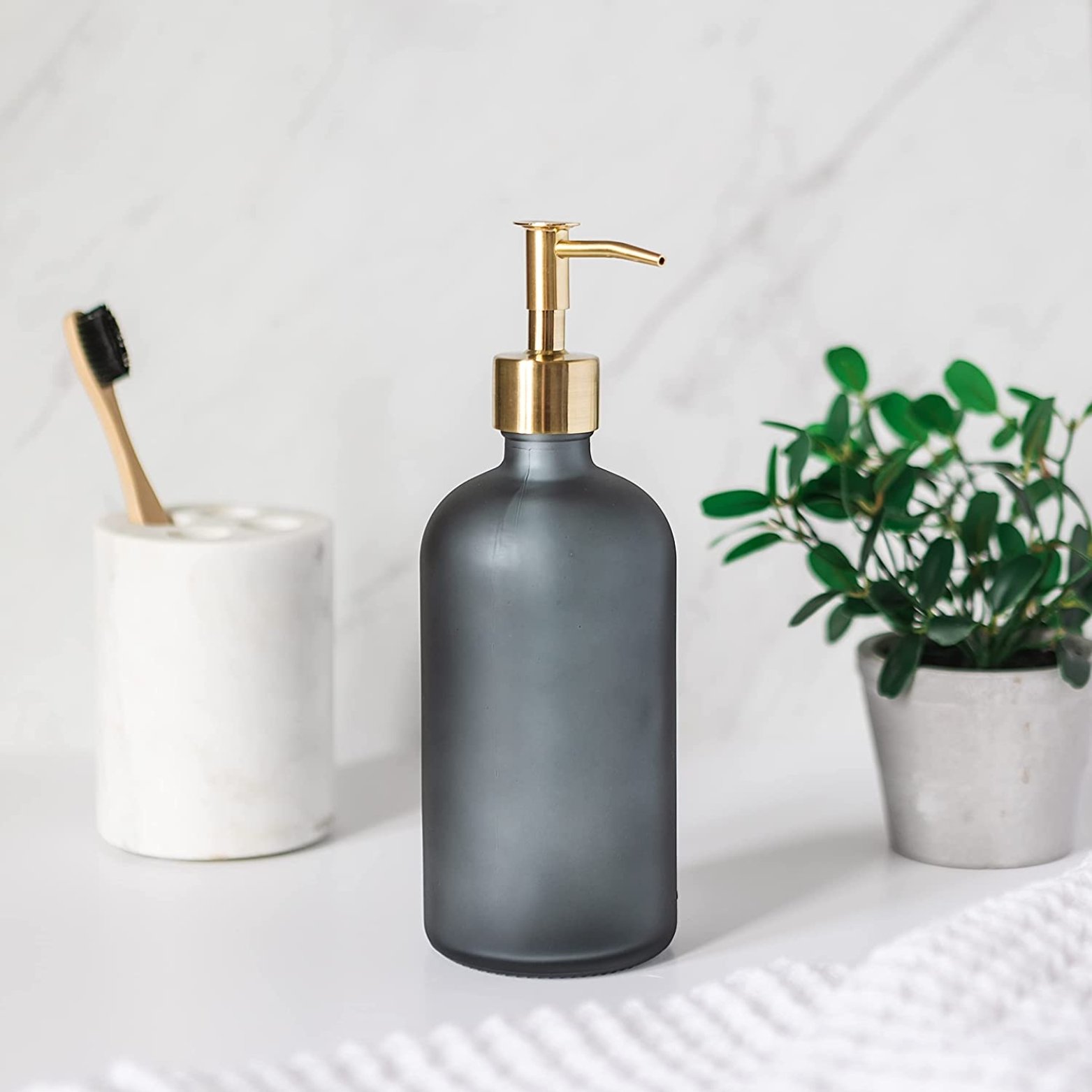 Grey Frosted Soap Dispenser with Gold Pump Top.jpg