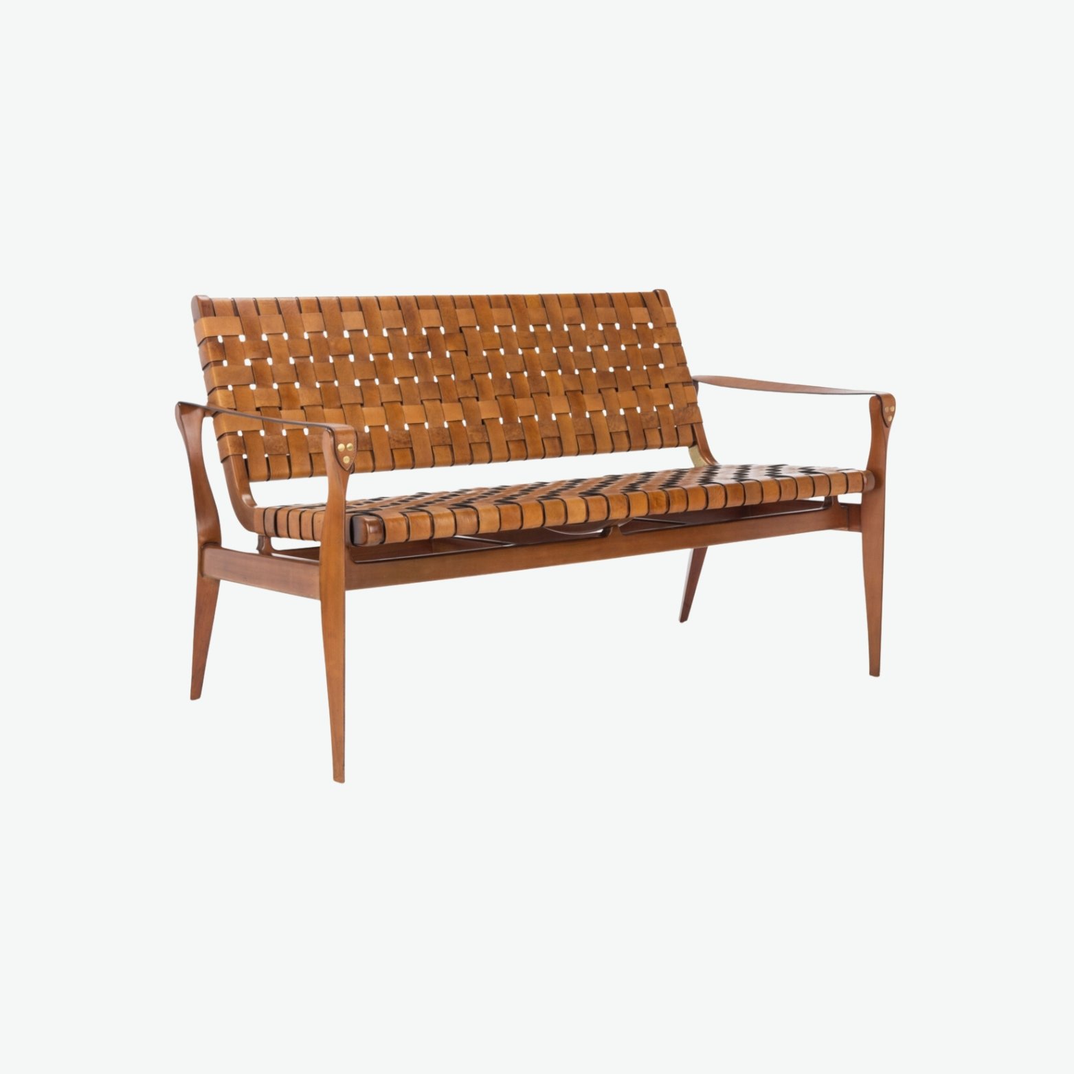 Leather Weave Bench, Wood Legs and Arm Rests.jpg