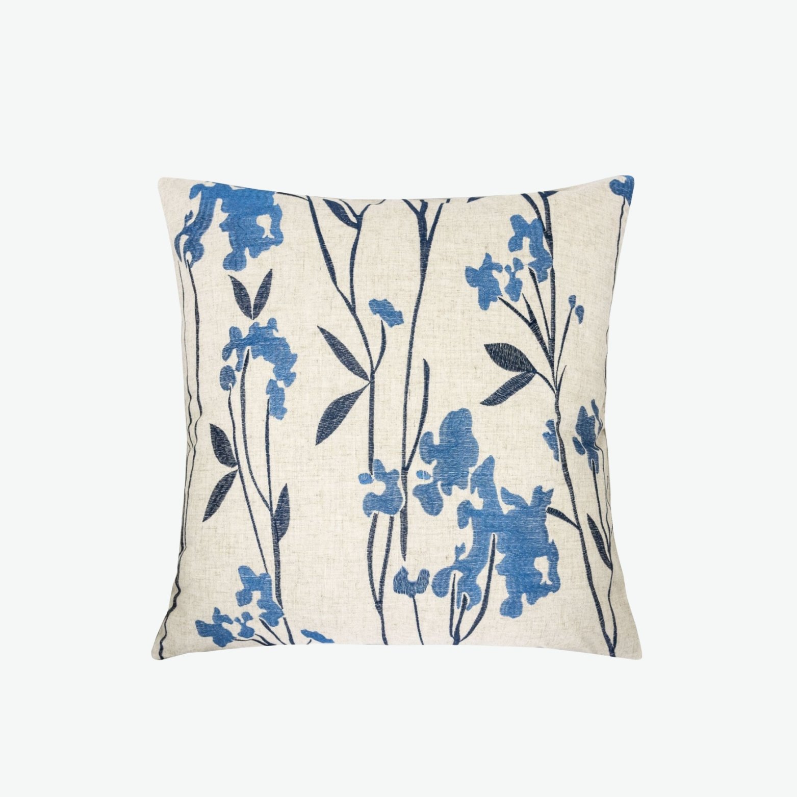 Textured Beige Throw Pillow with Blue Blurb Flowers and Dark Grey Stems.jpg