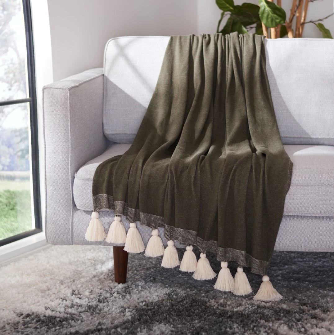 Dark Green Throw Blanket White Tassels Styled Edge.png