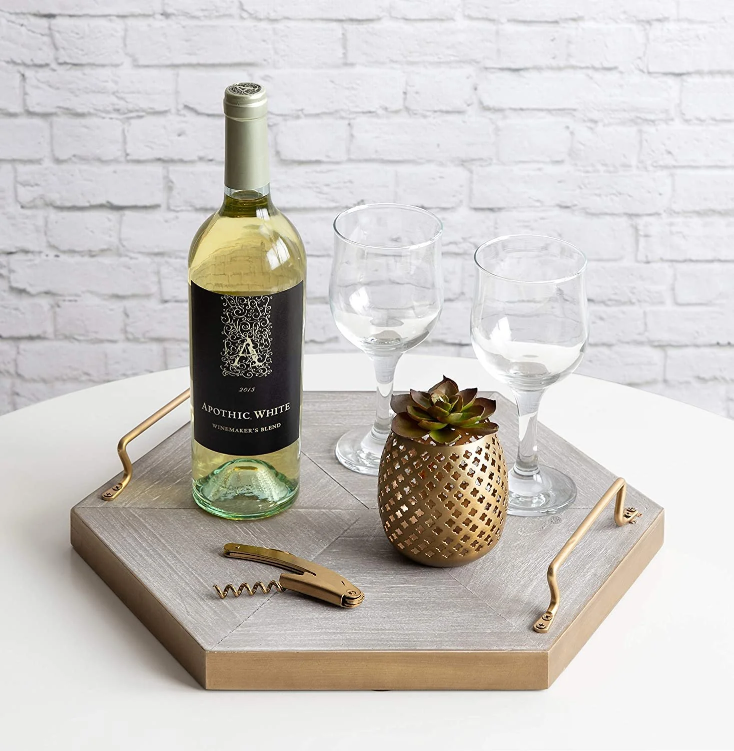Hexagon Brushed Gold Wood Table Tray with Handles.jpg
