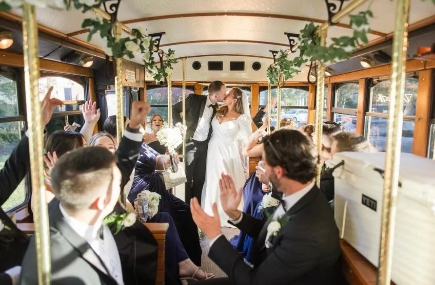 POV: You just said &lsquo;I do&rsquo; and your whole crew is hype on the trolley. Cousin Jimmy is on the aux, what song is playing?! 👀🚃 #shabang