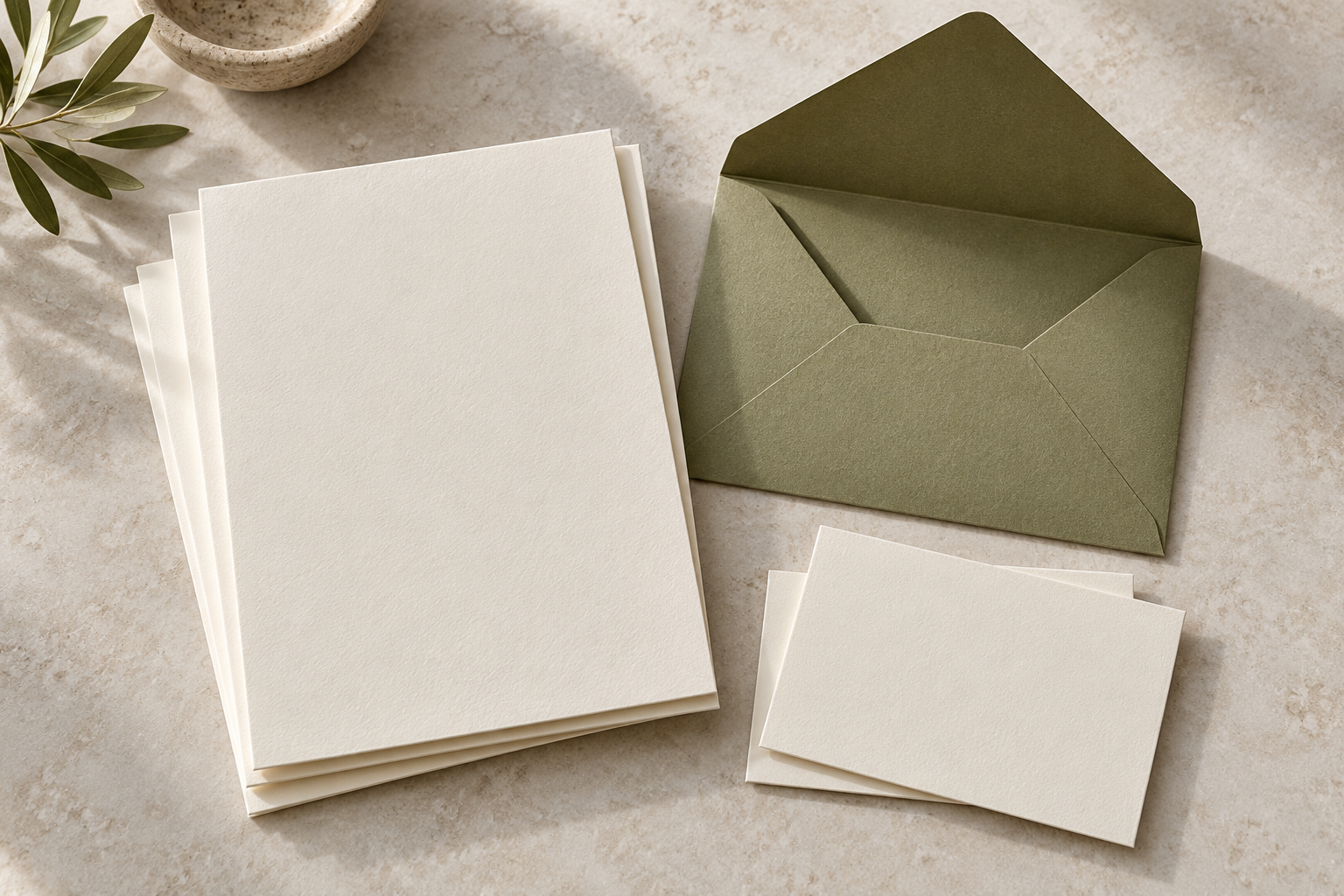 Blank ivory invitation cards, smaller enclosure cards and an open olive envelope on a pale stone surface.