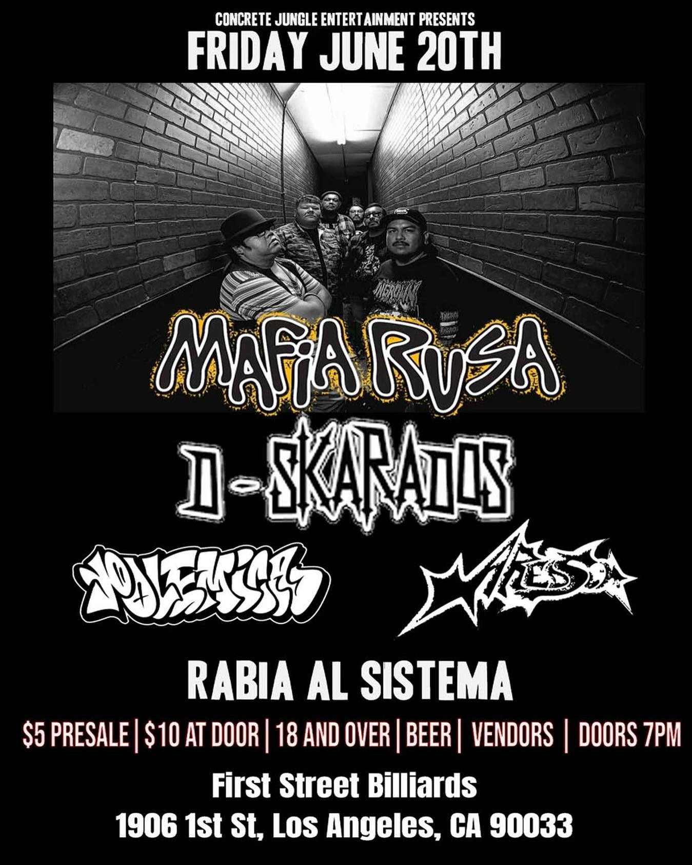 This Friday in Boyle Heights 🌴☀️
@firststreetpoolhall 

Doors 7pm | 18 + ( Must Bring ID ) | Beer | Pool Tables 
$5 presale @eventbrite | $10 Door 

Performing Live: 
MAFIA RUSA @mafia_rusa666 
DSKARADOS @dskarados 
A RED SUN @aredsunworldwide 
POLE