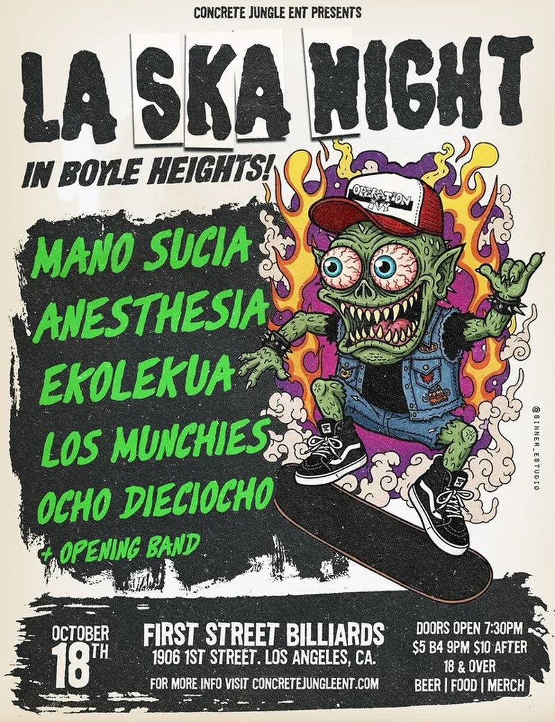 This Saturday at @firststreetpoolhall 
LA Ska Night in Boyle Heights!!! 

$5 Presale @eventbrite 

$5 B4 9pm $10 after 💵
Doors 8pm | 18 + ( Bring ID ) | Bar | Merch 

Performing Live: 💯
MANO SUCIA @manosucia 
ANESTHESIA @anesthesiareggae 
EKOLEKUA 
