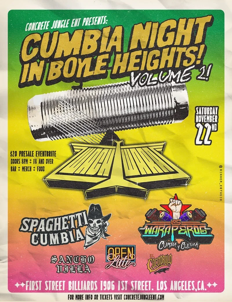 Sat Nov 22nd CUMBIA NIGHT
 @firststreetpoolhall IN BOYLE HEIGHTS V2! 

Performing Live: 💯
LOS WACHIWARA @loswachiwara 
SPAGHETTI CUMBIA @spaghetticumbia 
LOS WARAPEROS @loswaraperosoficial 
SANCHO VILLA @_sancho_villa_ 
OPEN LATE @openlateofficial 
