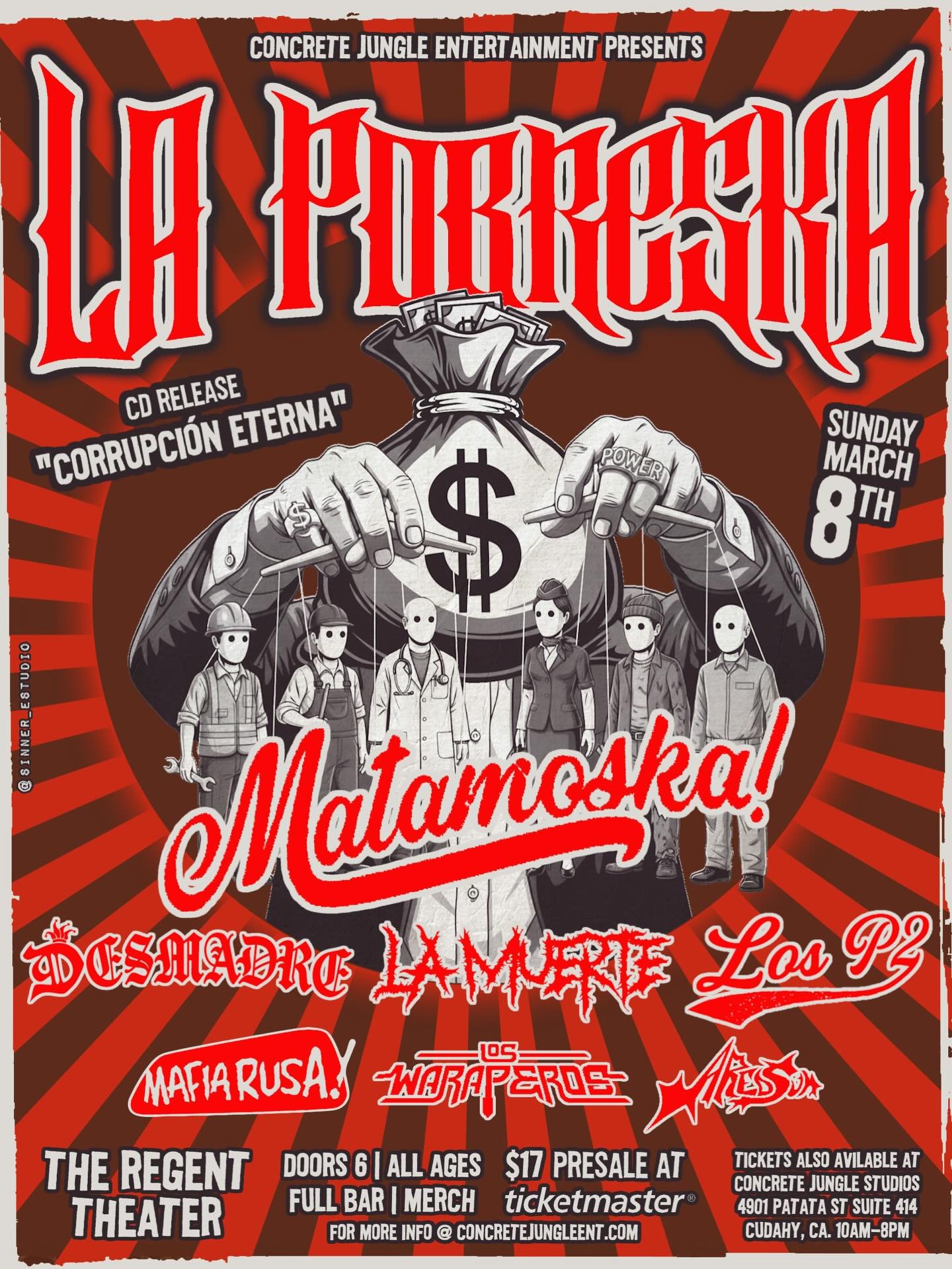 This Sunday @lapobreska CD Release &ldquo;Corrupcion Eterna&rdquo;
Location: @regenttheaterla 

Presale $17 @ticketmaster
Or Click Link On 🔝
Doors Open 6pm | All Age Event | Full Bar | Merch 

Spotify Link Friday 12am (Click Pre-saved)
https://open.