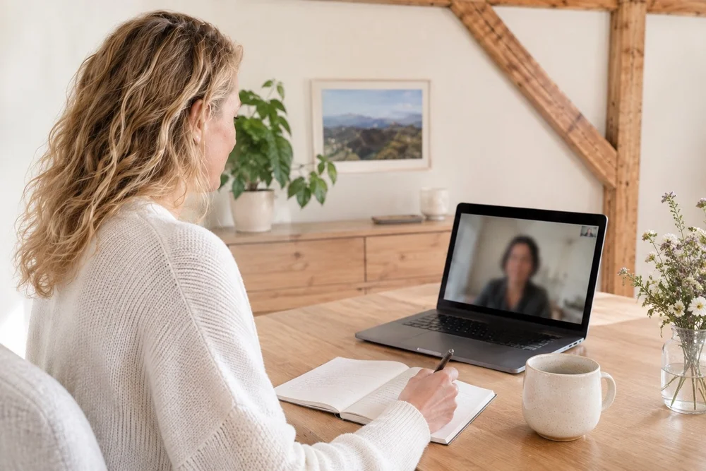 Sonia Sarina Birrer in an online Soul Mentoring session on her laptop