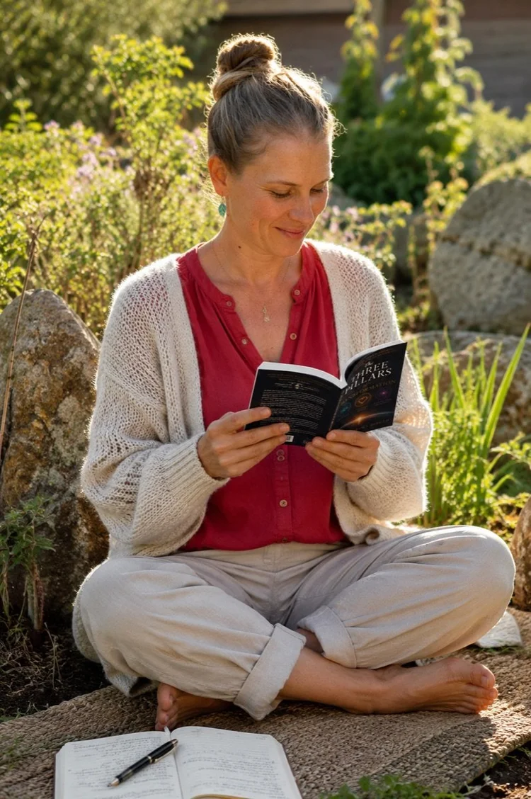 Sonia reading The Three Pillars of Transformation in her garden